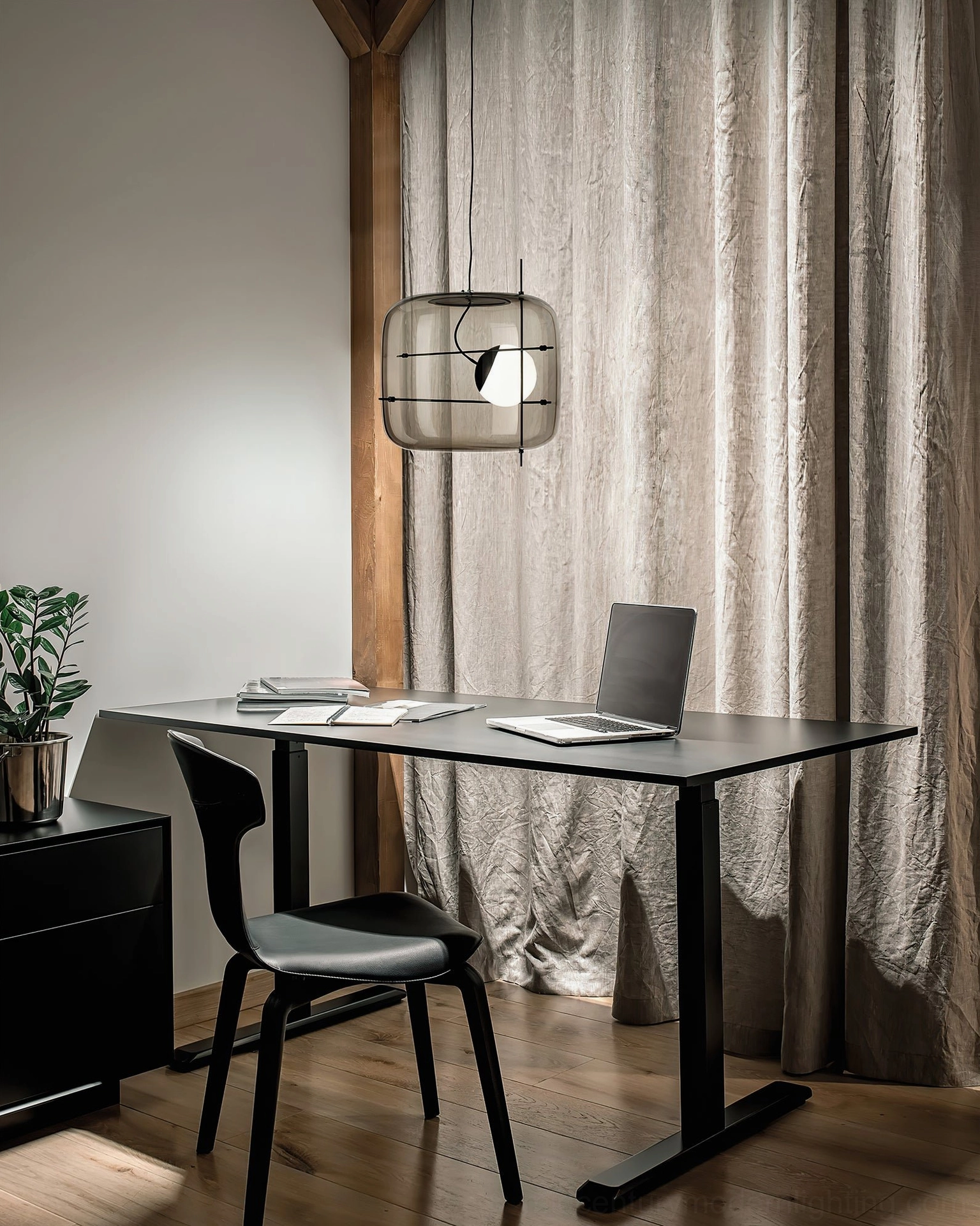 Single smoked grey pendant lamp in contemporary home study room with desk and curtains