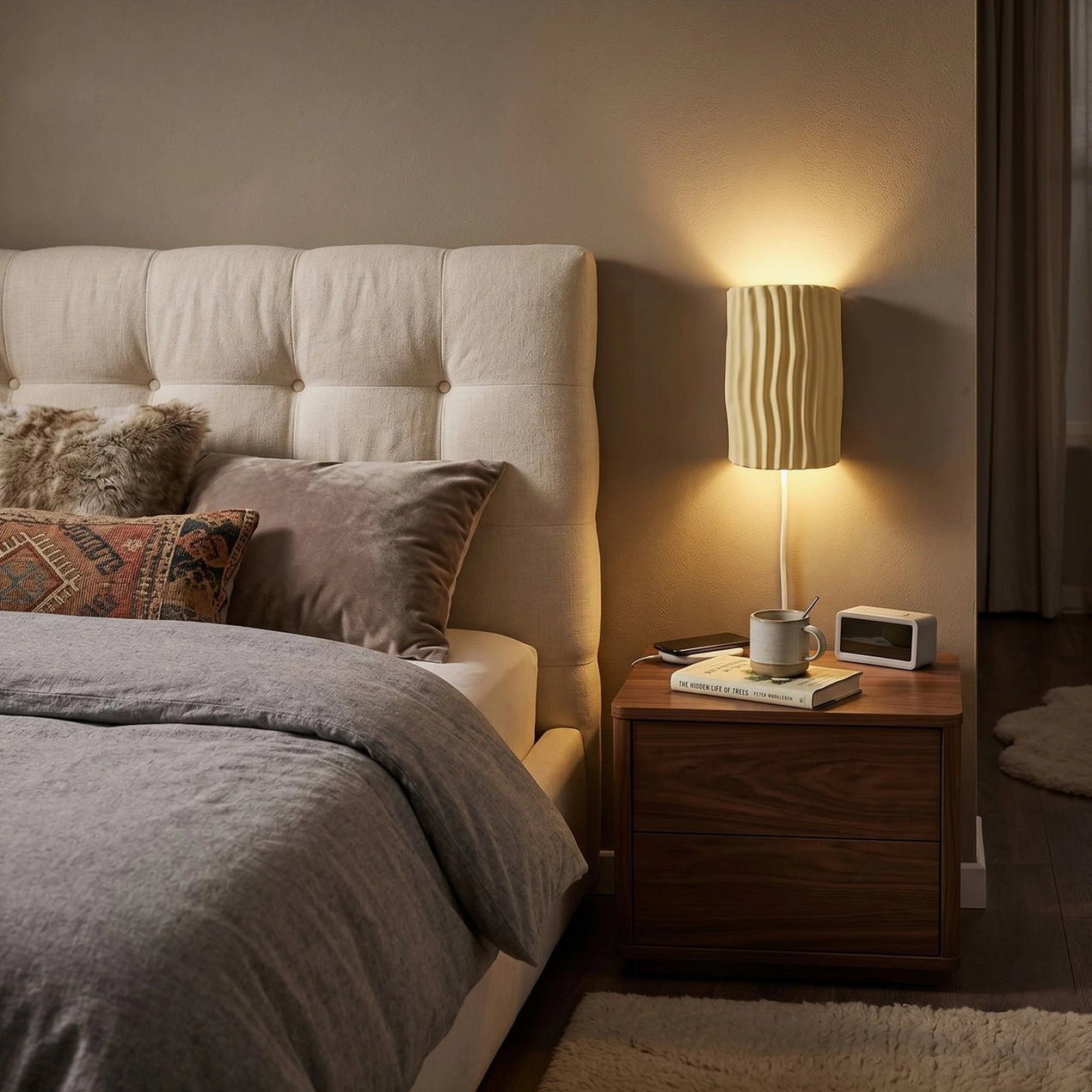 Single pleated resin sconce providing soft ambient light beside luxury tufted headboard and dark wood nightstand