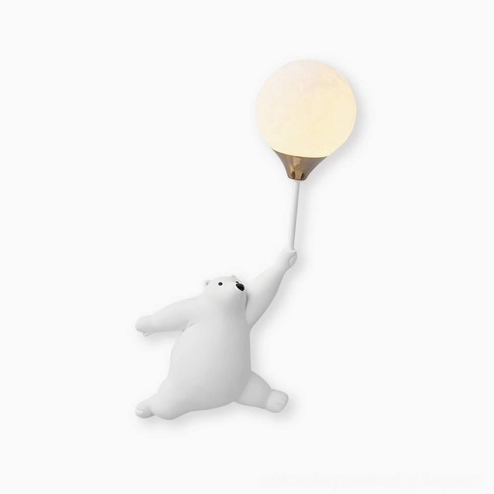 Polar bear balloon wall lamp ambient glow - warm light diffusion from frosted globe shade sconce