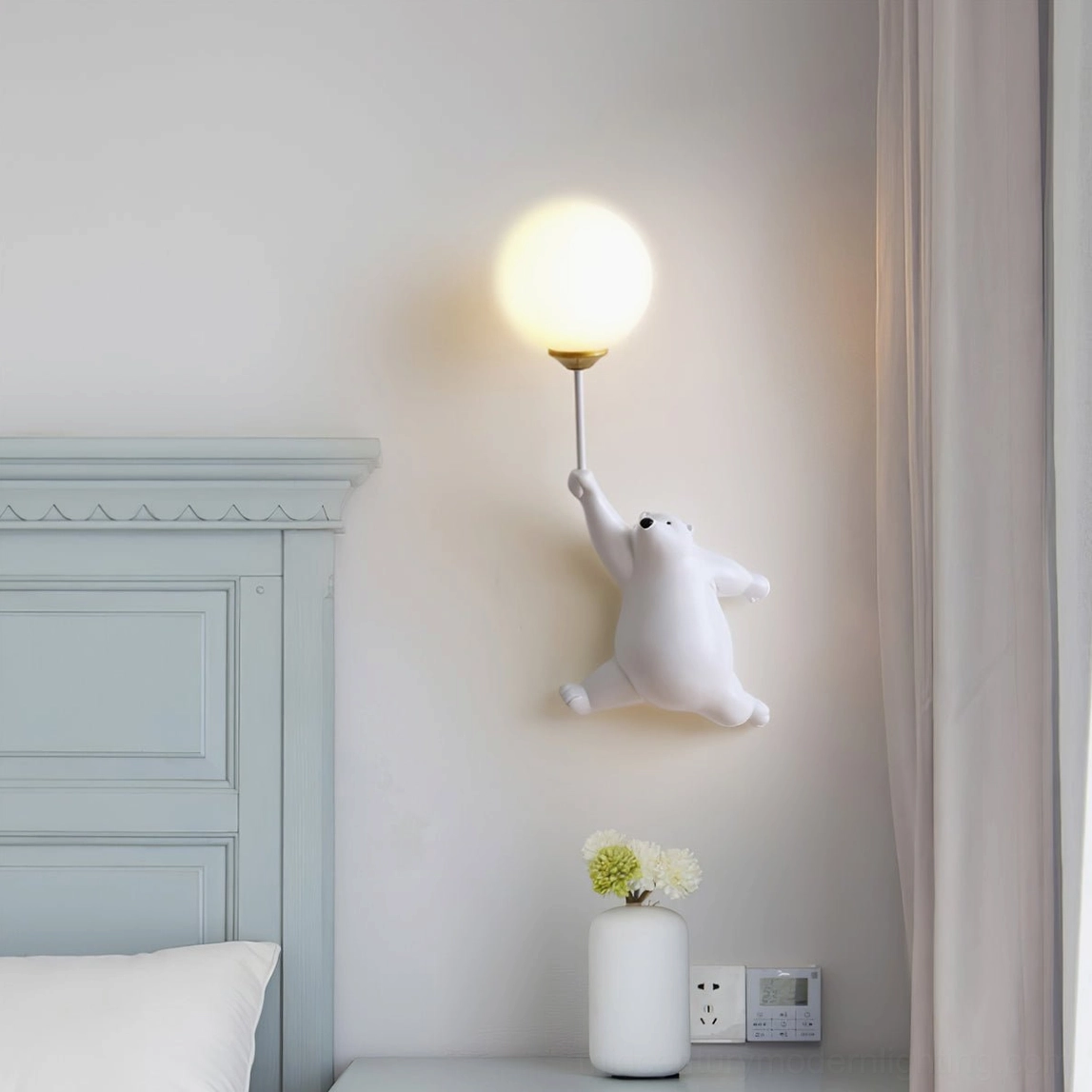 White polar bear balloon wall lamp illuminated in minimalist bedroom - soft ambient lighting on wall sconce