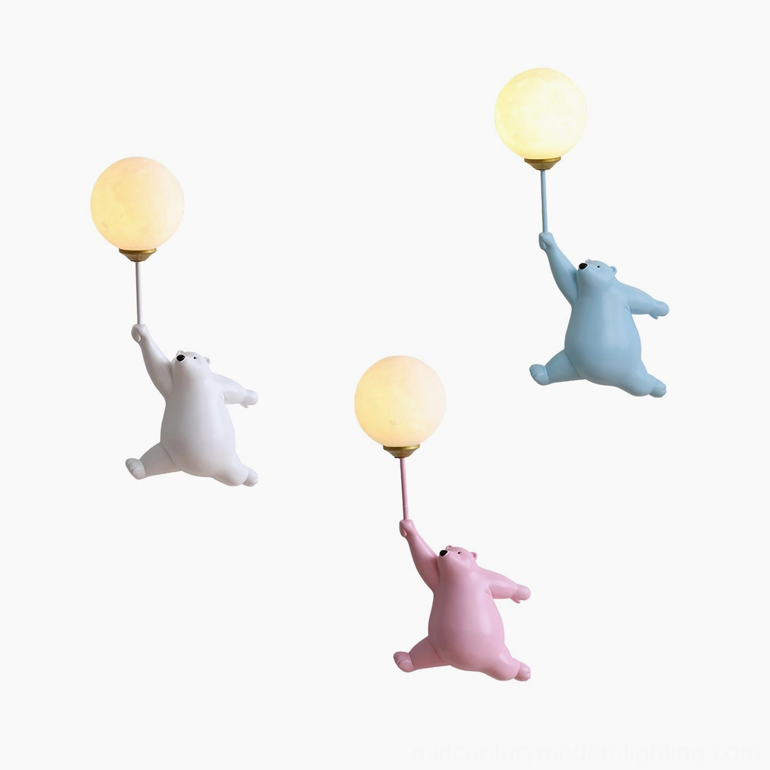 Contemporary polar bear balloon wall lamp close-up - handcrafted resin bear figurine with glass shade