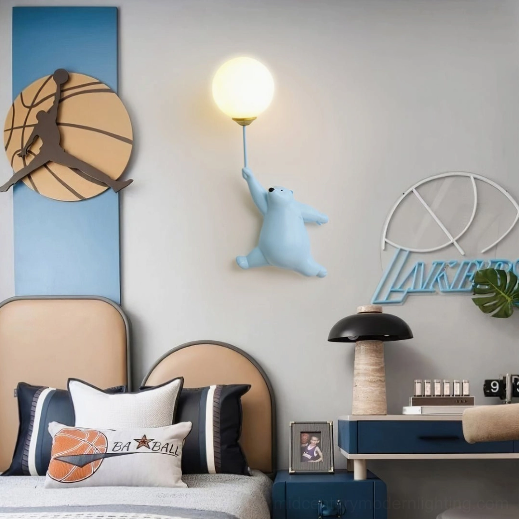 Polar bear balloon wall lamp with frosted globe shade detail - handcrafted resin sculpture fixture