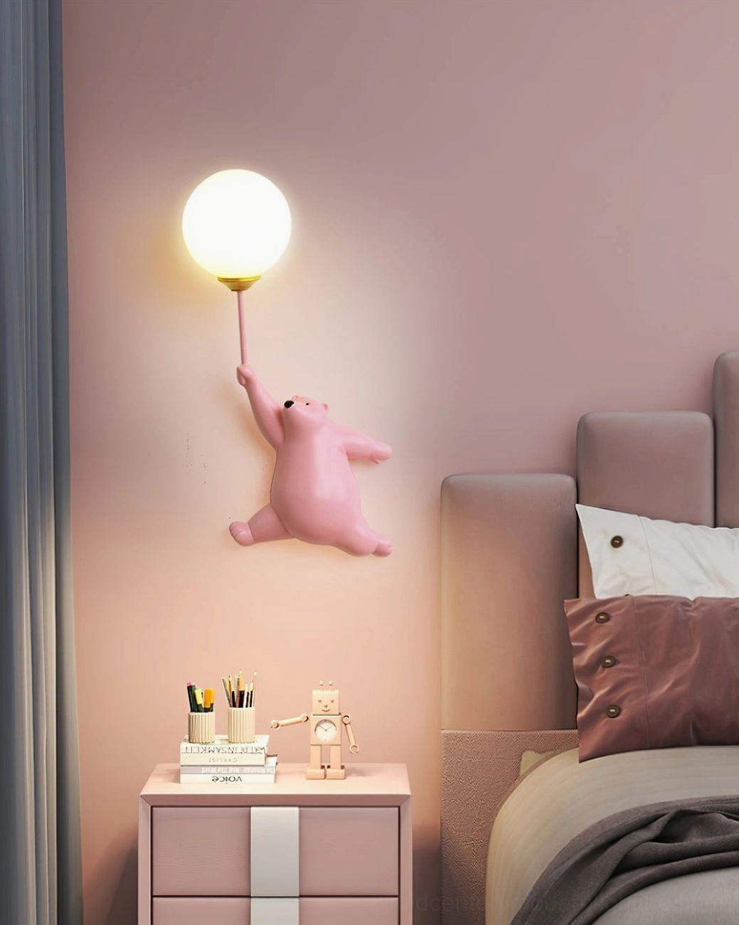 Pastel pink polar bear balloon wall lamp in pink bedroom - feminine whimsical wall sconce with soft glow