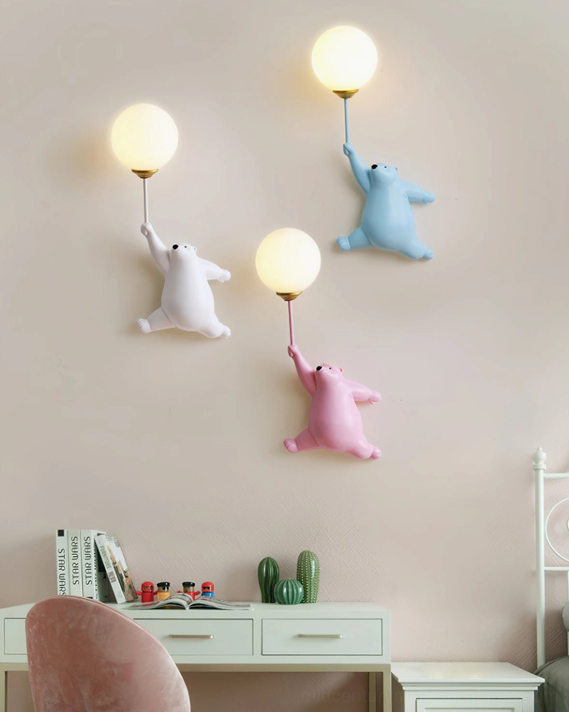 Three-piece polar bear balloon lamp set in pastel white pink blue - multi-color wall sconce collection at desk