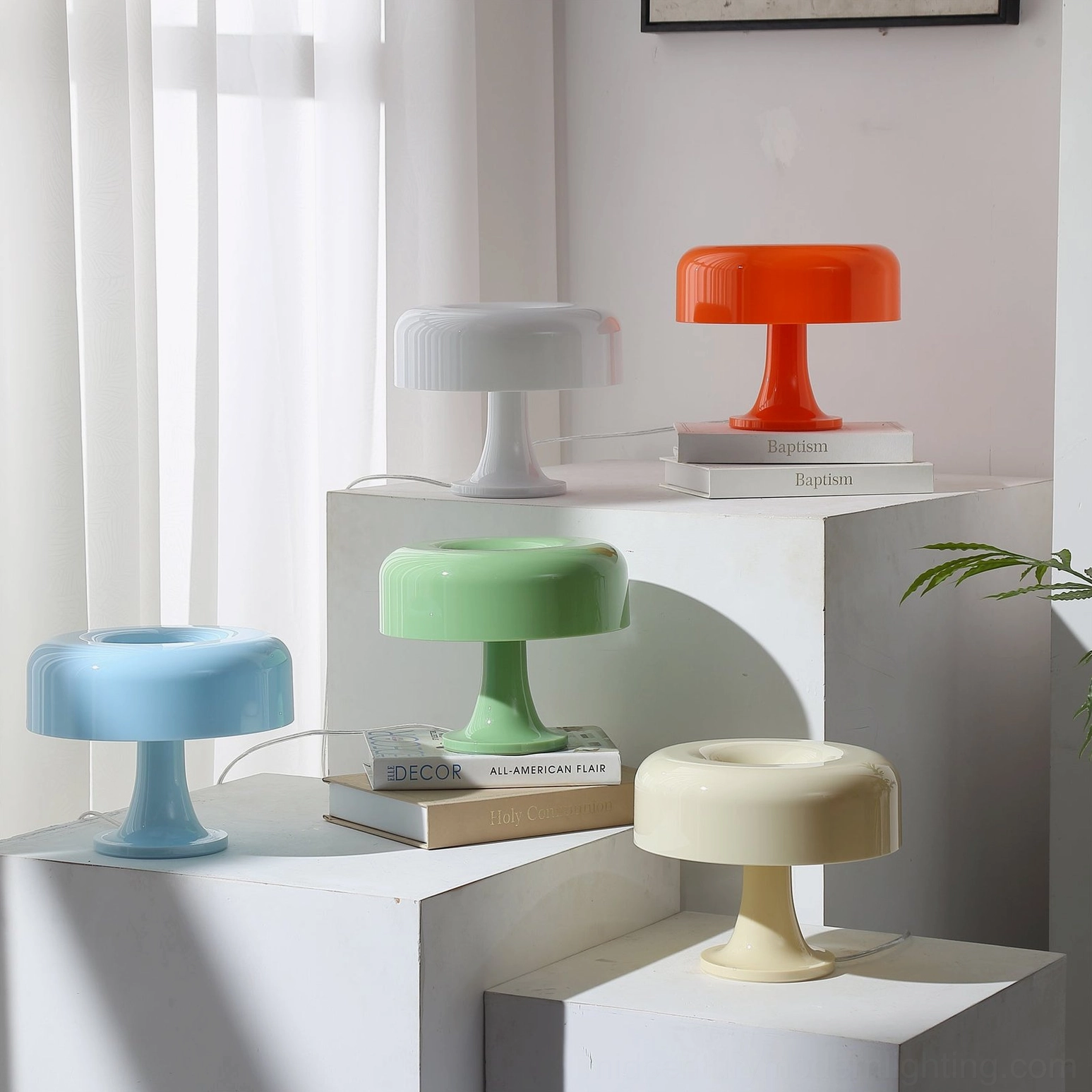 Five Pop Mushroom table lamps in all colors - orange, blue, green, cream, white - overhead view complete color collection