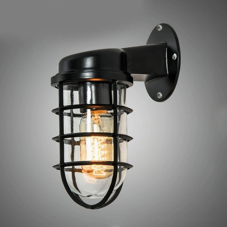 Classic matte black industrial vintage wall lamp with protective cage and tempered glass enclosure