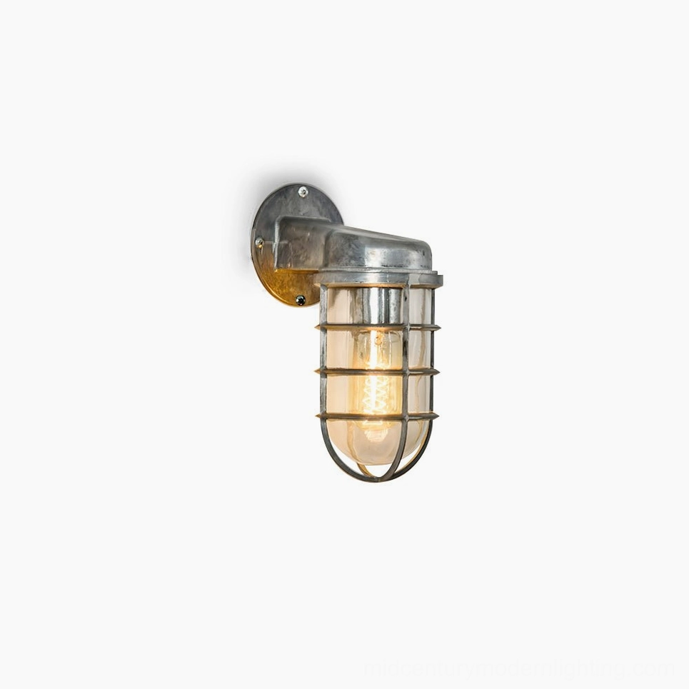 Porto industrial wall sconce with vintage marine cage design and brushed silver metal finish on white background