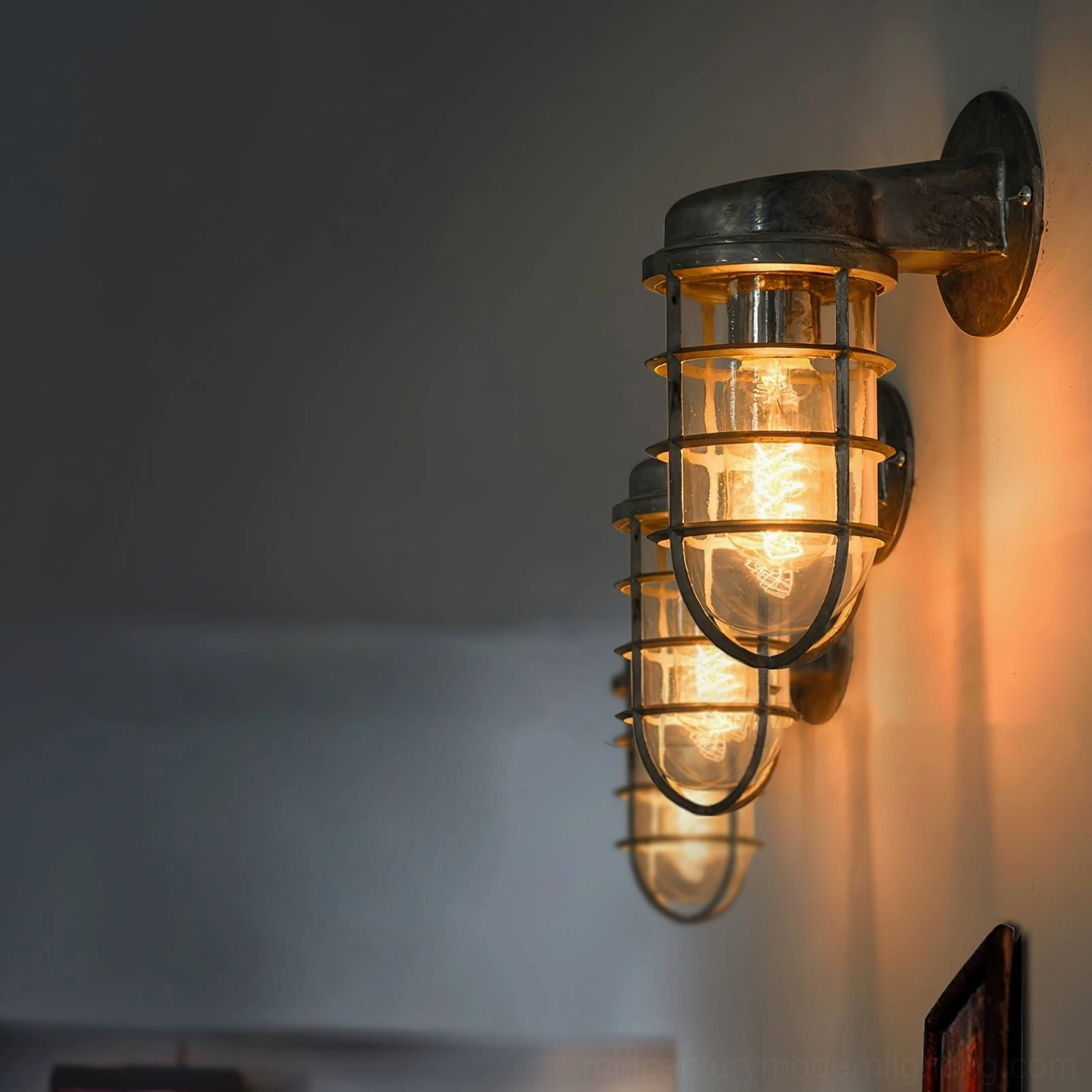 Multiple Porto vintage wall lamps installed in hallway showing black retro industrial design aesthetic