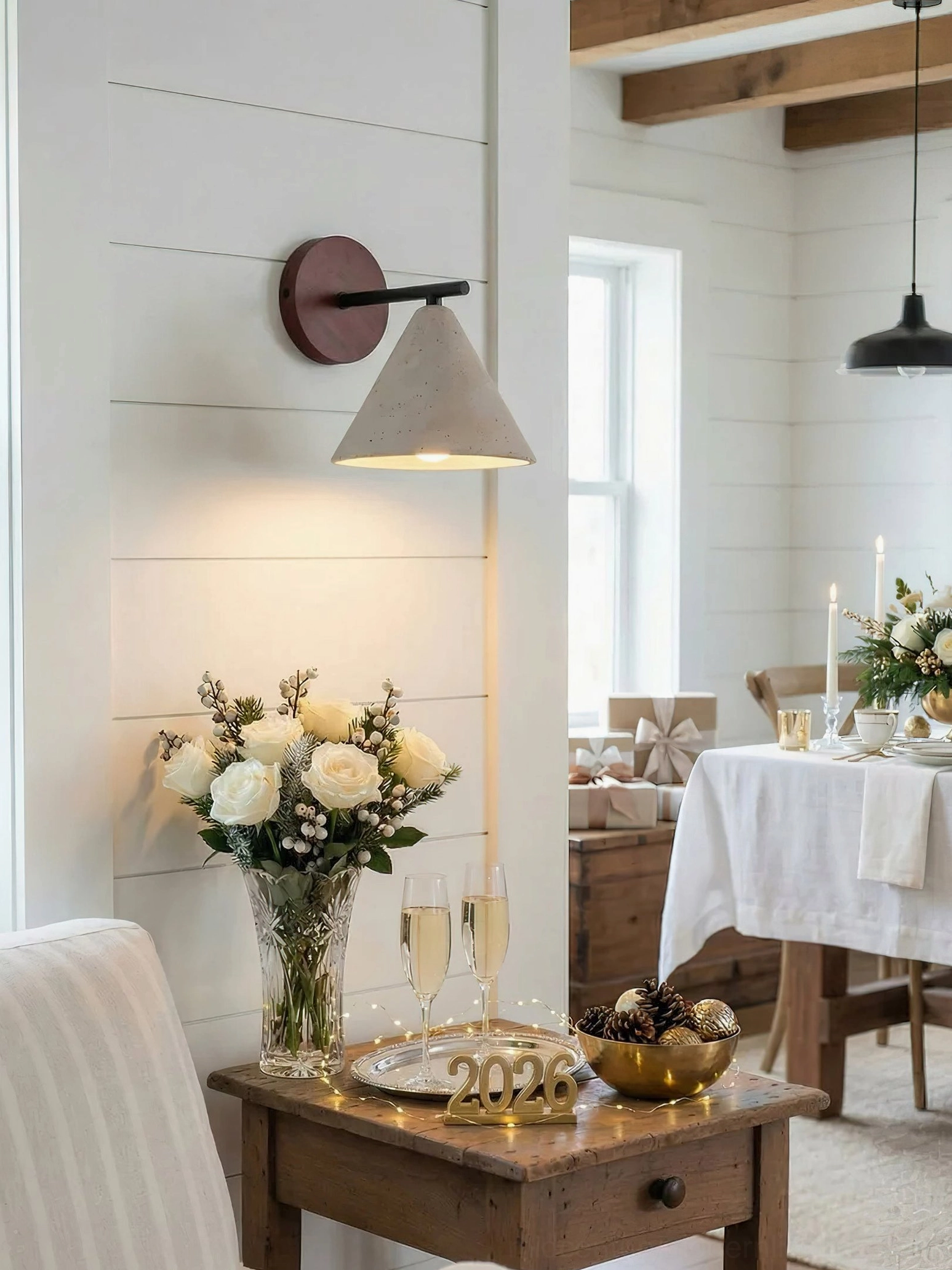Possio wall mounted sconce in elegant rustic dining corner with warm neutral decor and wabi-sabi aesthetic