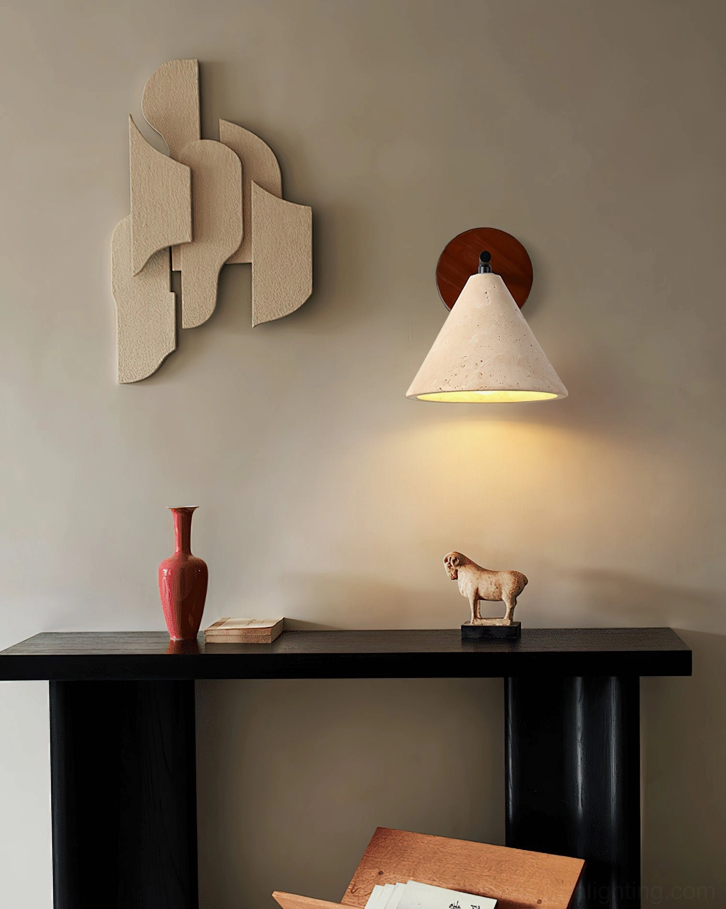 Possio travertine wall light on minimalist console table space, highlighting natural stone and wood rustic design