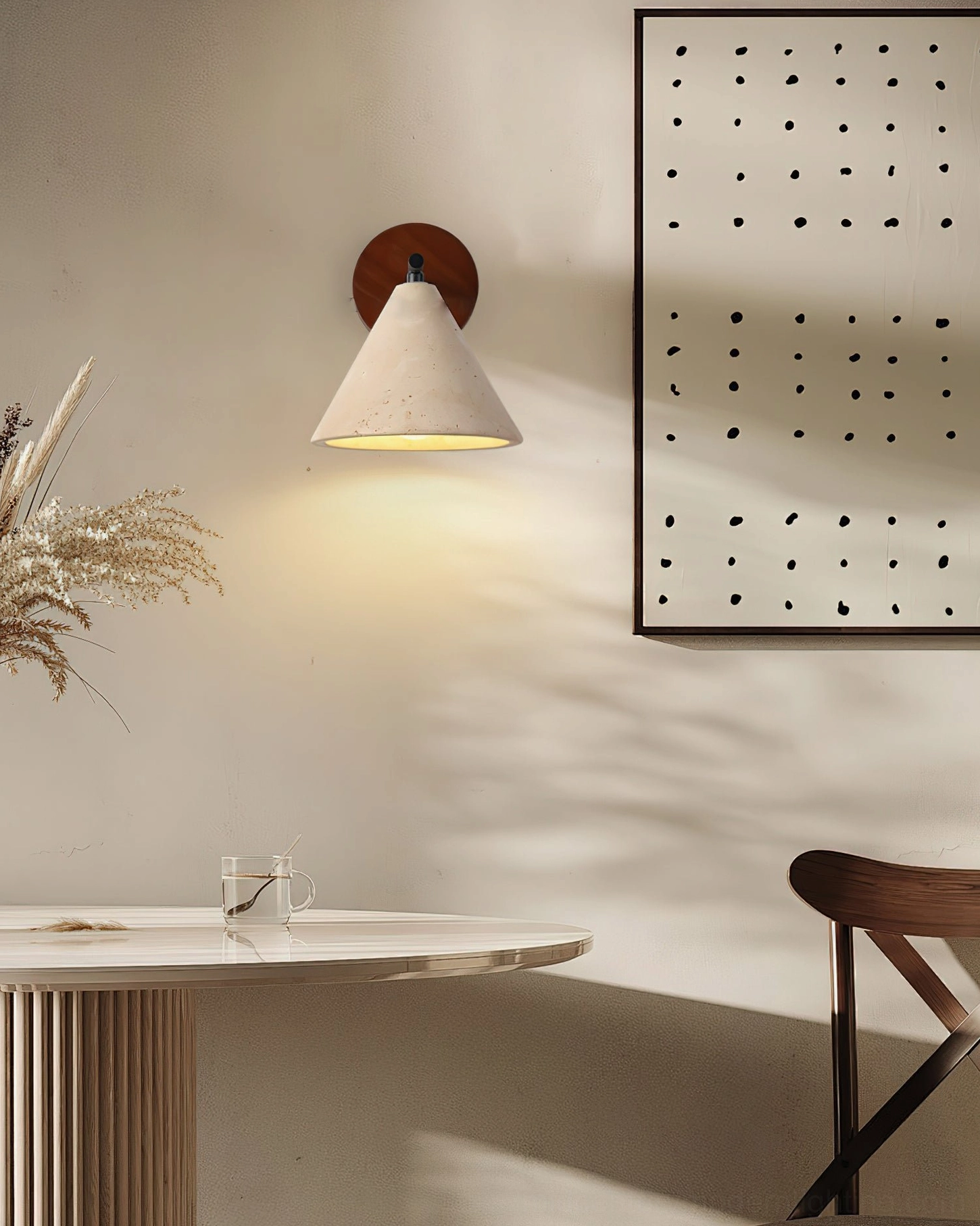 Possio travertine cone wall light studio photography, capturing natural stone texture and contemporary minimalist form