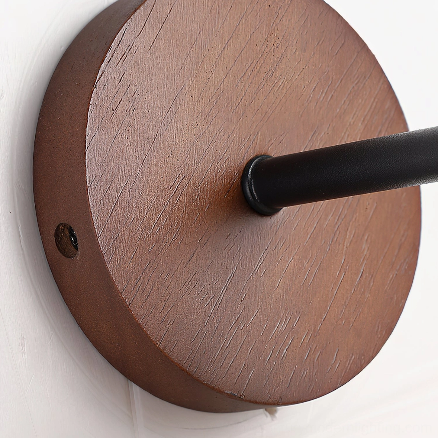 Possio wall light architectural detail view emphasizing travertine stone quality, warm wood accent, and modern minimalist silhouette