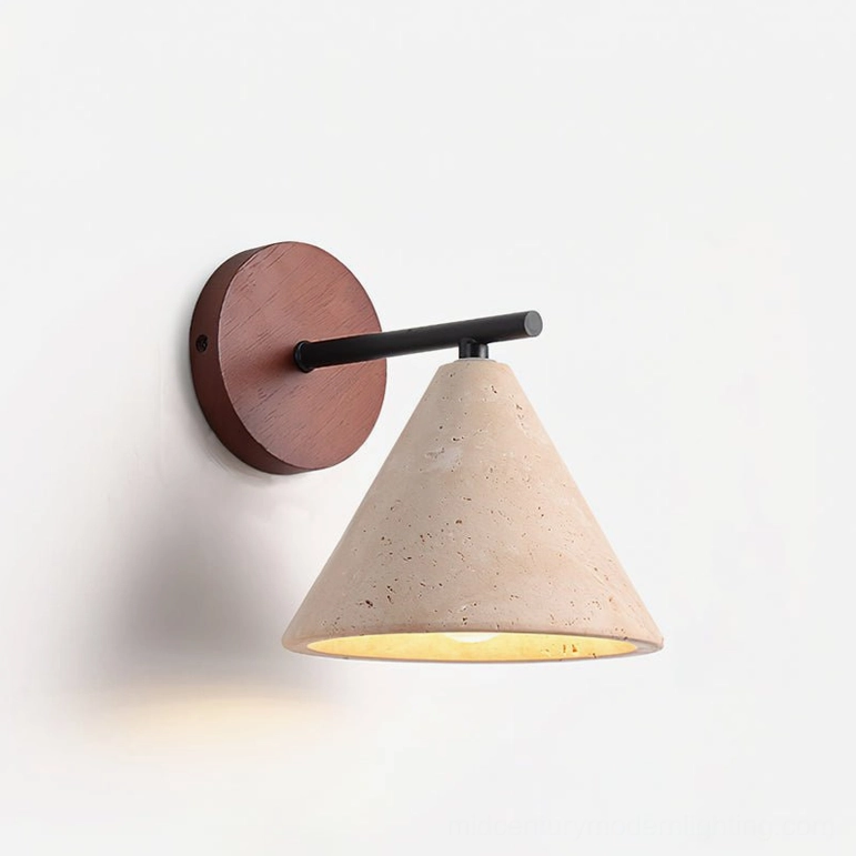 Possio travertine wall light 5.1 inches beige walnut finish, product shot showing complete fixture proportions
