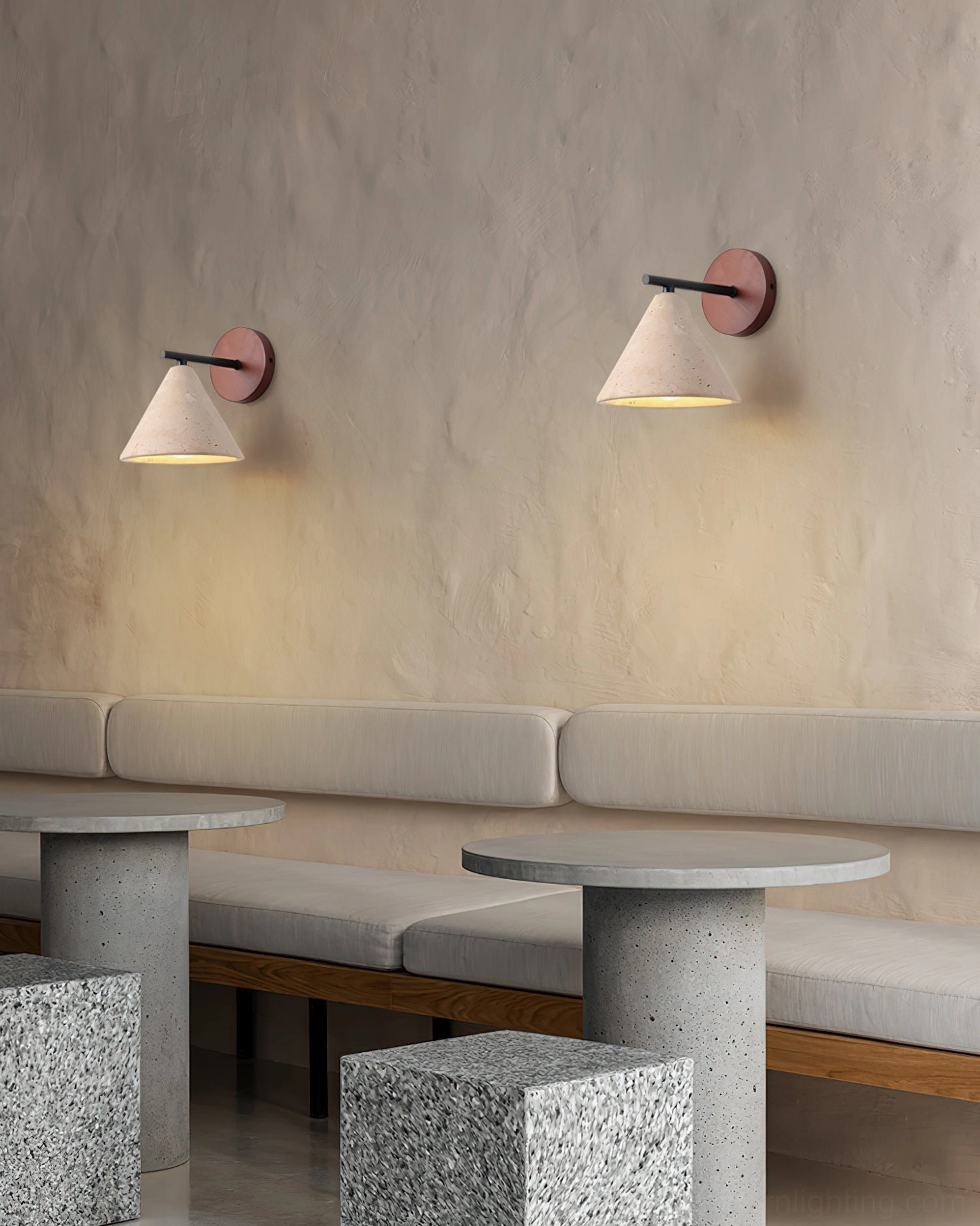 Possio wall sconce dimensional view highlighting cone geometry, stone layering, and wood element composition
