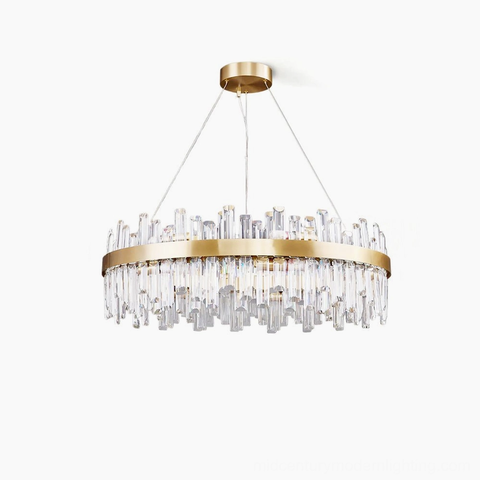 Premium brass crystal chandelier with clear hanging pendants in luxury modern home setting