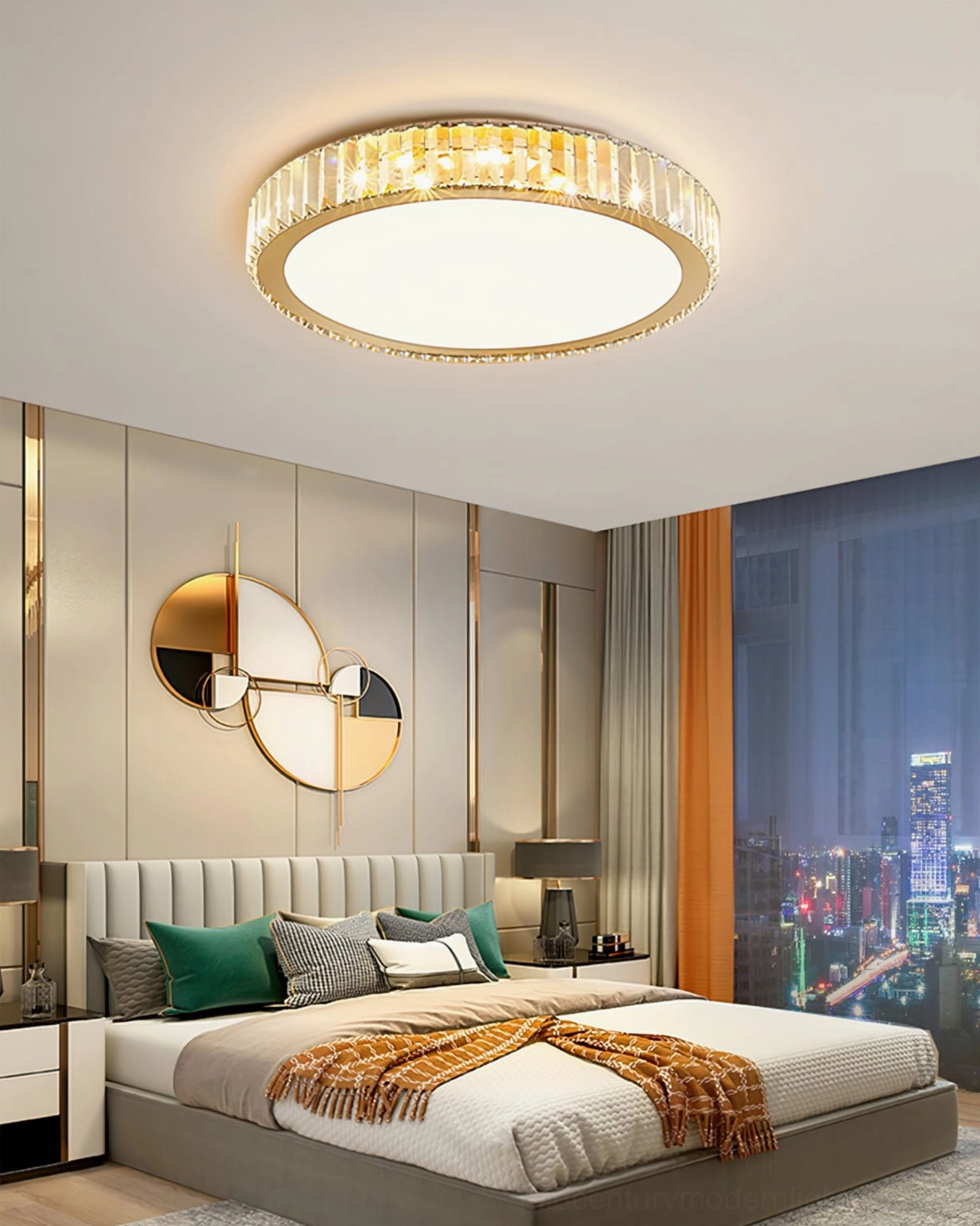 Luxury crystal flush mount ceiling light in bedroom with city night window view