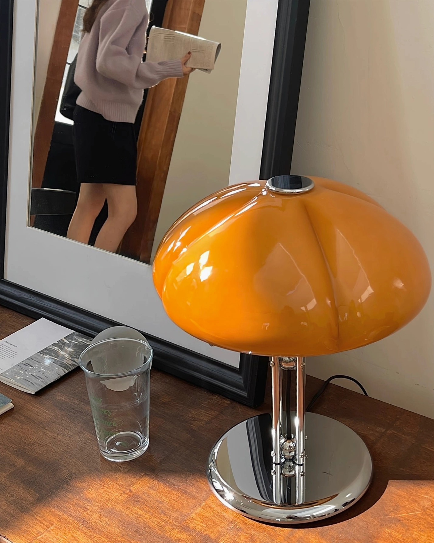 Quadrifoglio 1970s orange glass table lamp full-body studio shot, polished chrome base, integrated push-button switch