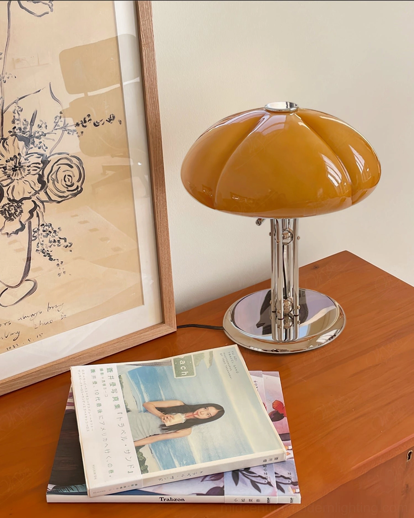 Quadrifoglio four-leaf lamp side view on wooden bedroom cabinet, glossy amber glass shade with vintage design context
