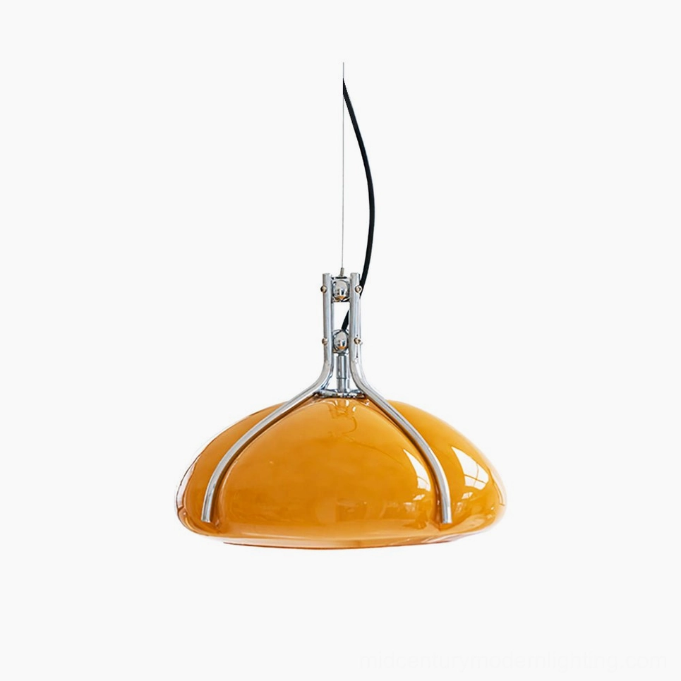 Quadrifoglio amber glass mid-century modern pendant lamp front view with chrome hardware