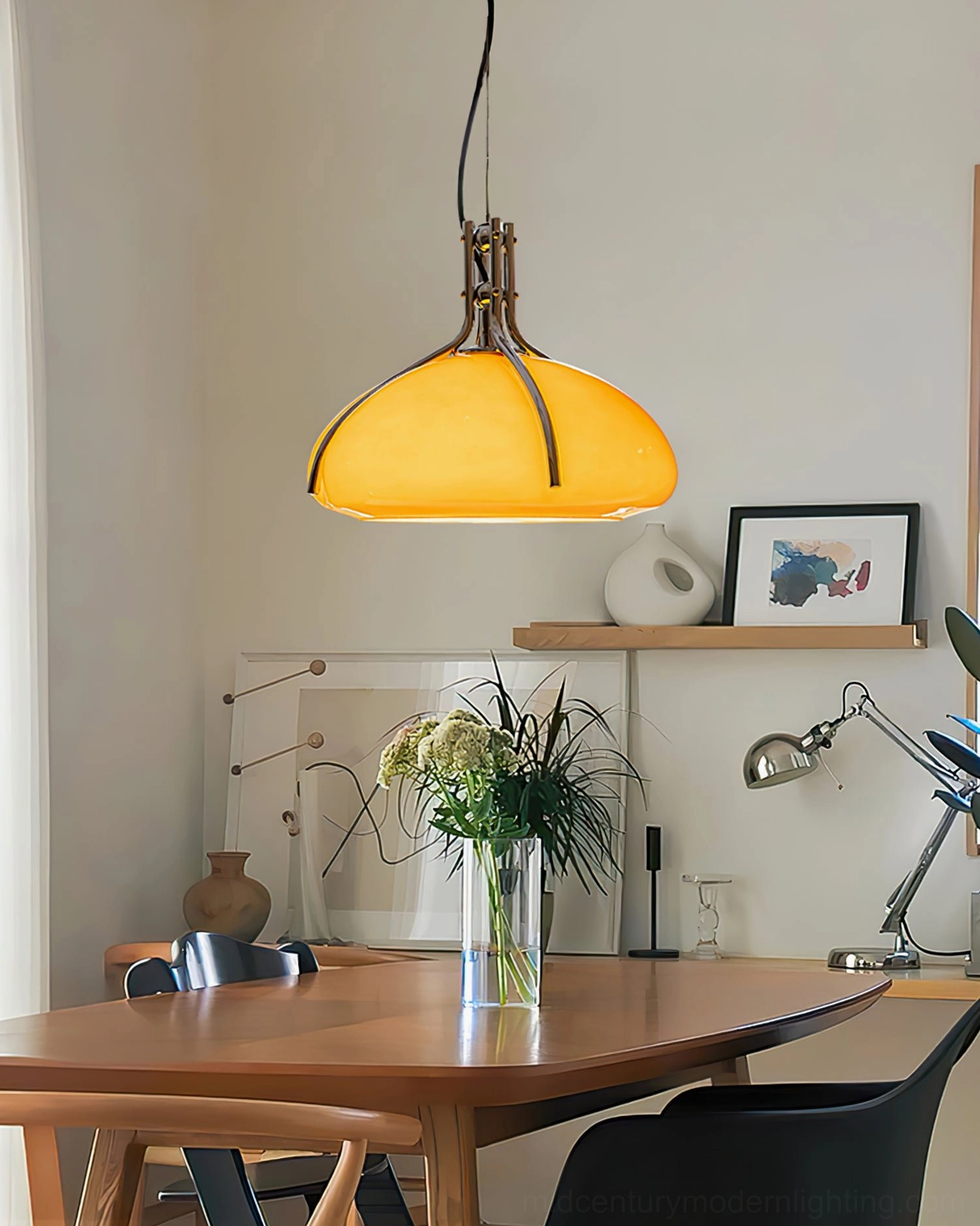 Quadrifoglio pendant lamp full assembly showing amber glass dome and chrome base