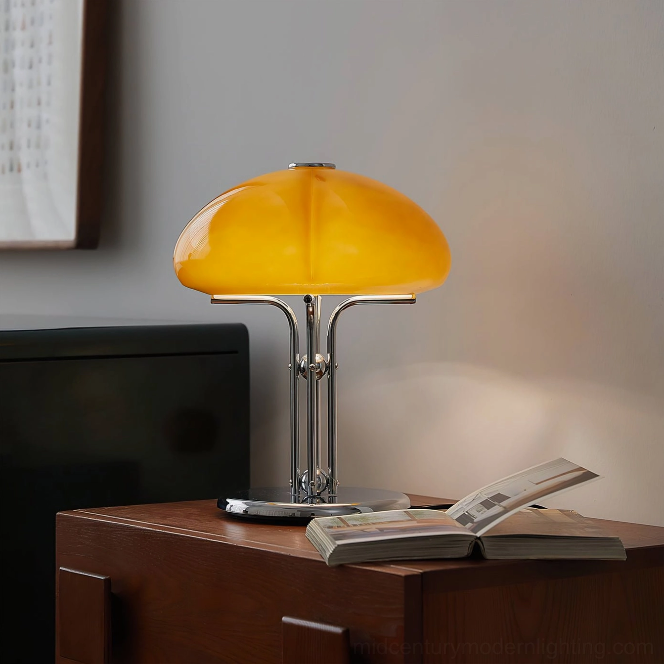 Quadrifoglio pumpkin table lamp architectural interior scene, warm amber glow integrated into modern bedroom design