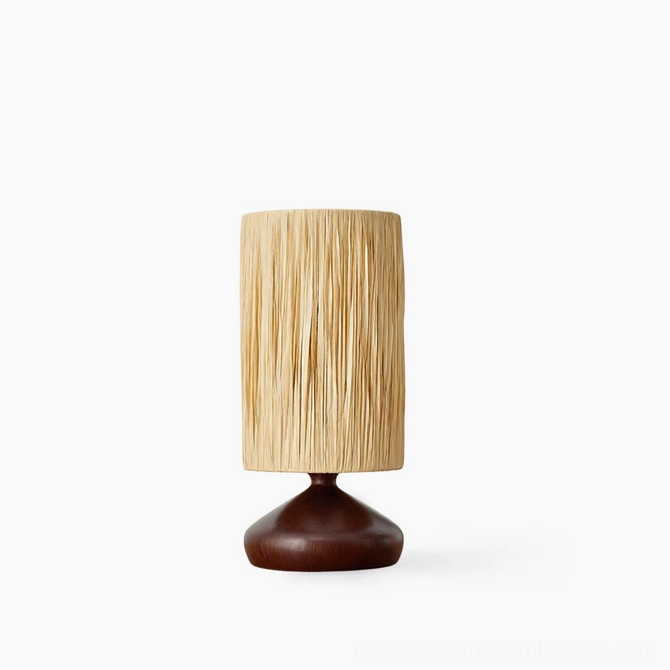 Organic modernism raffia table lamp with walnut wood base, full front view on white background, studio lighting