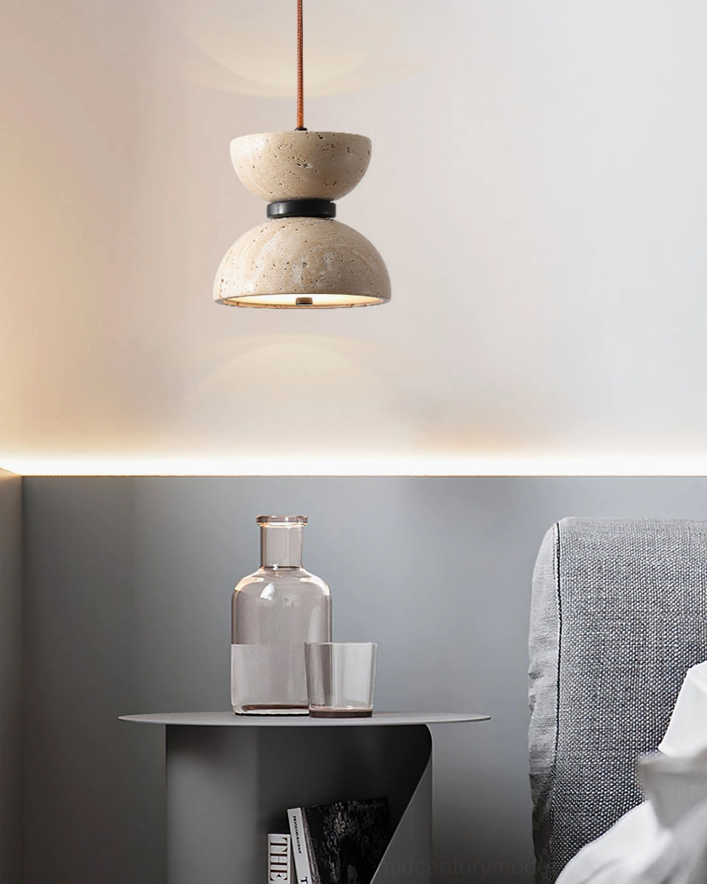Randolf mid-century modern travertine pendant lamp showing complete design aesthetic with natural stone and metal framework