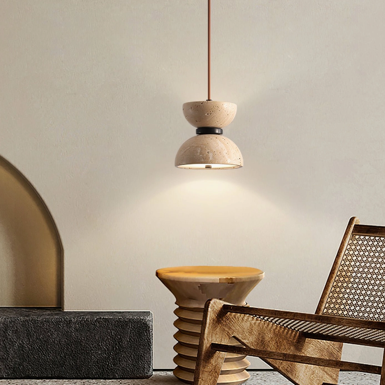 Randolf pendant lamp variations showing black and beige travertine with walnut wood finish options for different interiors