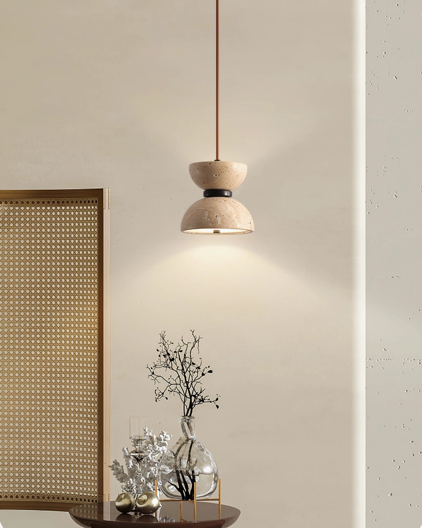 Randolf travertine pendant lamp size reference showing 15cm diameter by 14cm height proportions and scale