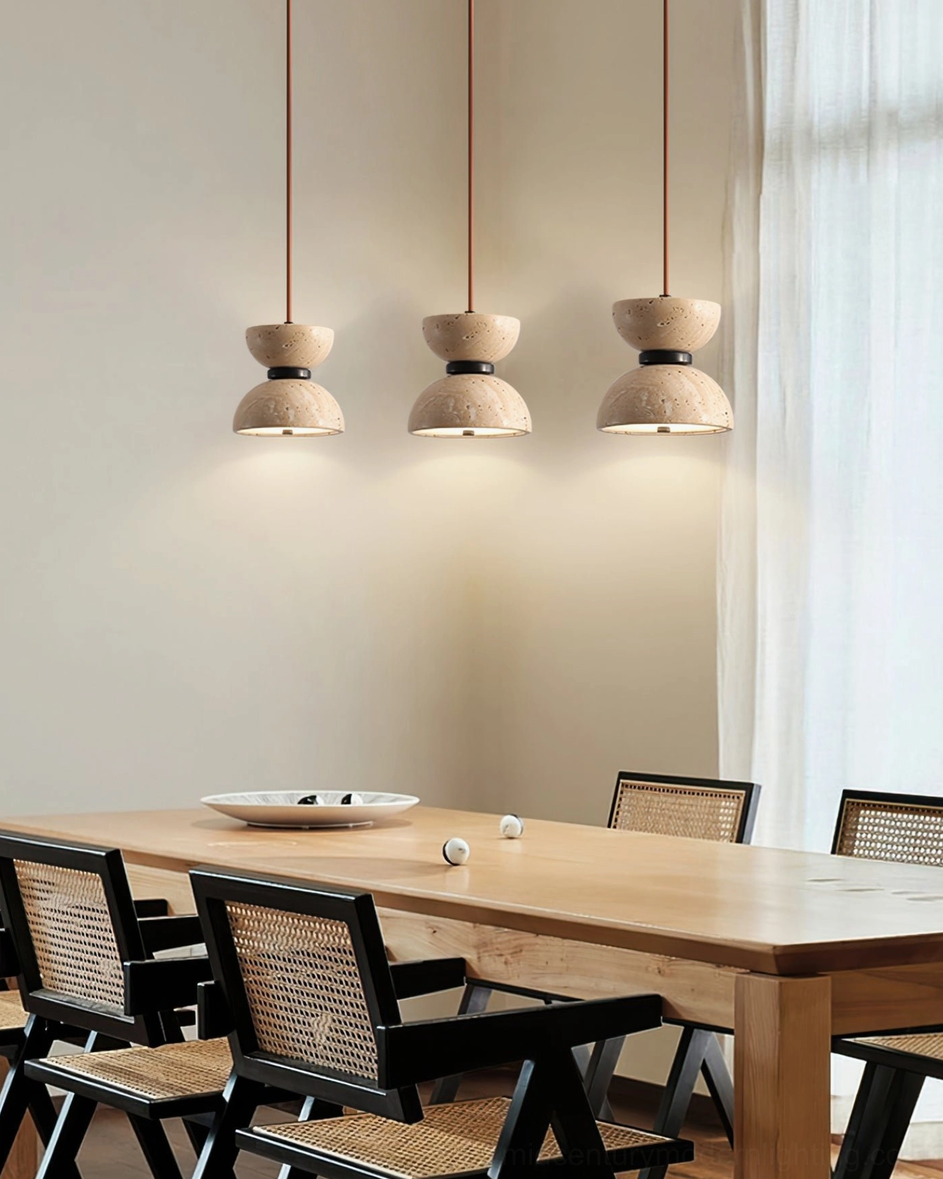 Randolf natural stone pendant lamp architectural detail showing travertine composition and modern geometric metal frame