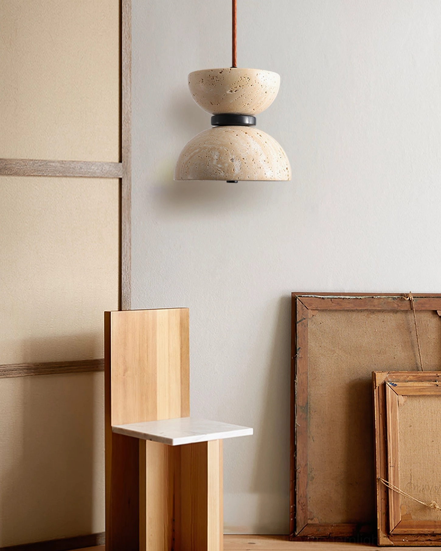Randolf pendant lamp in japandi minimalist interior space with warm neutral wabi-sabi decor and natural textures