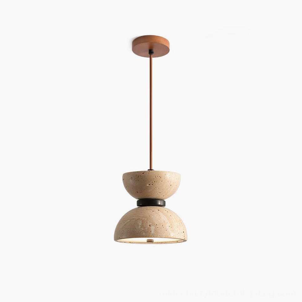 Randolf travertine pendant lamp with black metal frame, full front hanging view showing natural stone porous texture in studio lighting