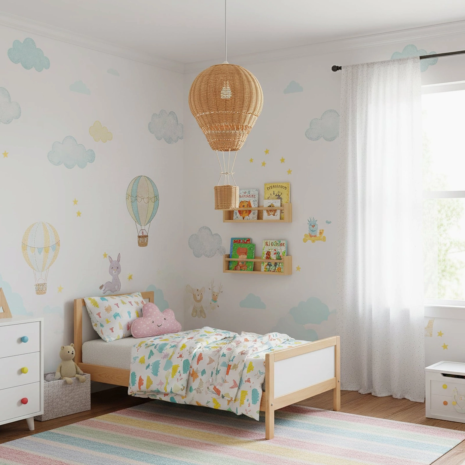 Rattan hot air balloon ceiling light in kids bedroom with cloud wall decals and wooden furniture