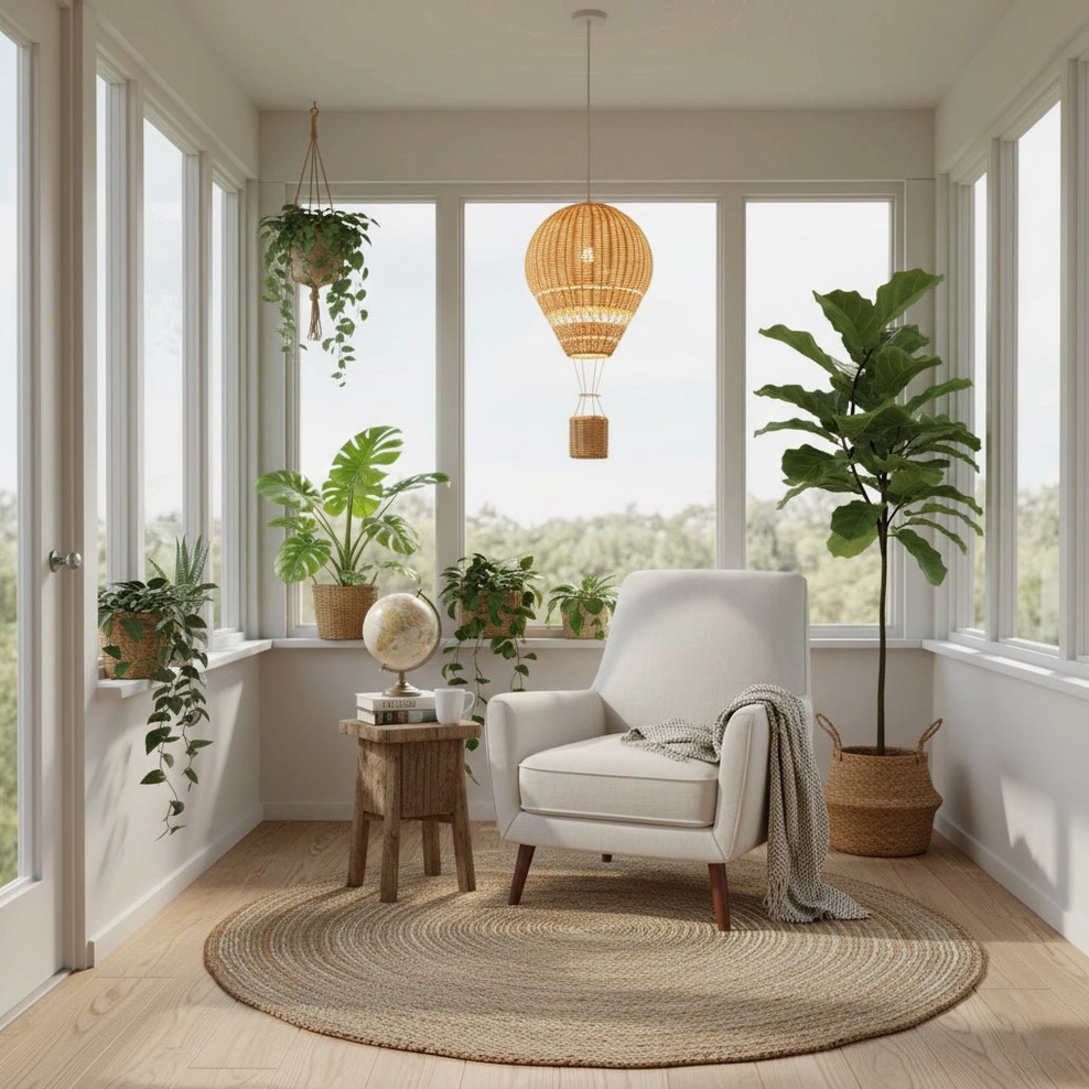Natural rattan balloon pendant lighting in minimalist sunroom with potted green plants