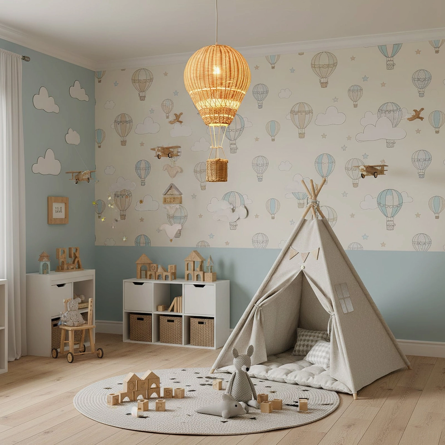 Hot air balloon rattan pendant fixture in kids playroom with teepee tent and airplane wall decals