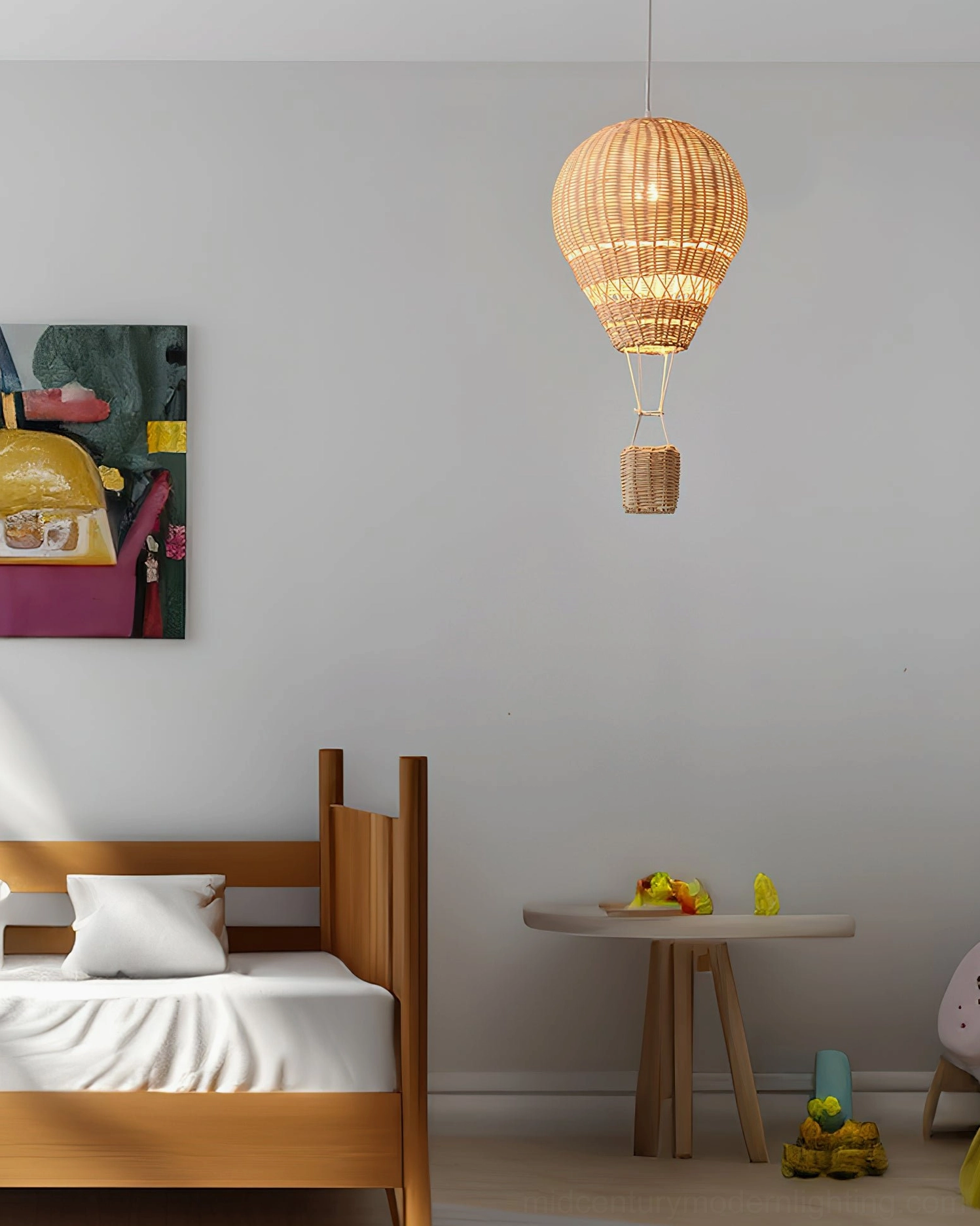 Natural rattan balloon pendant light with warm ambient glow in eclectic living space