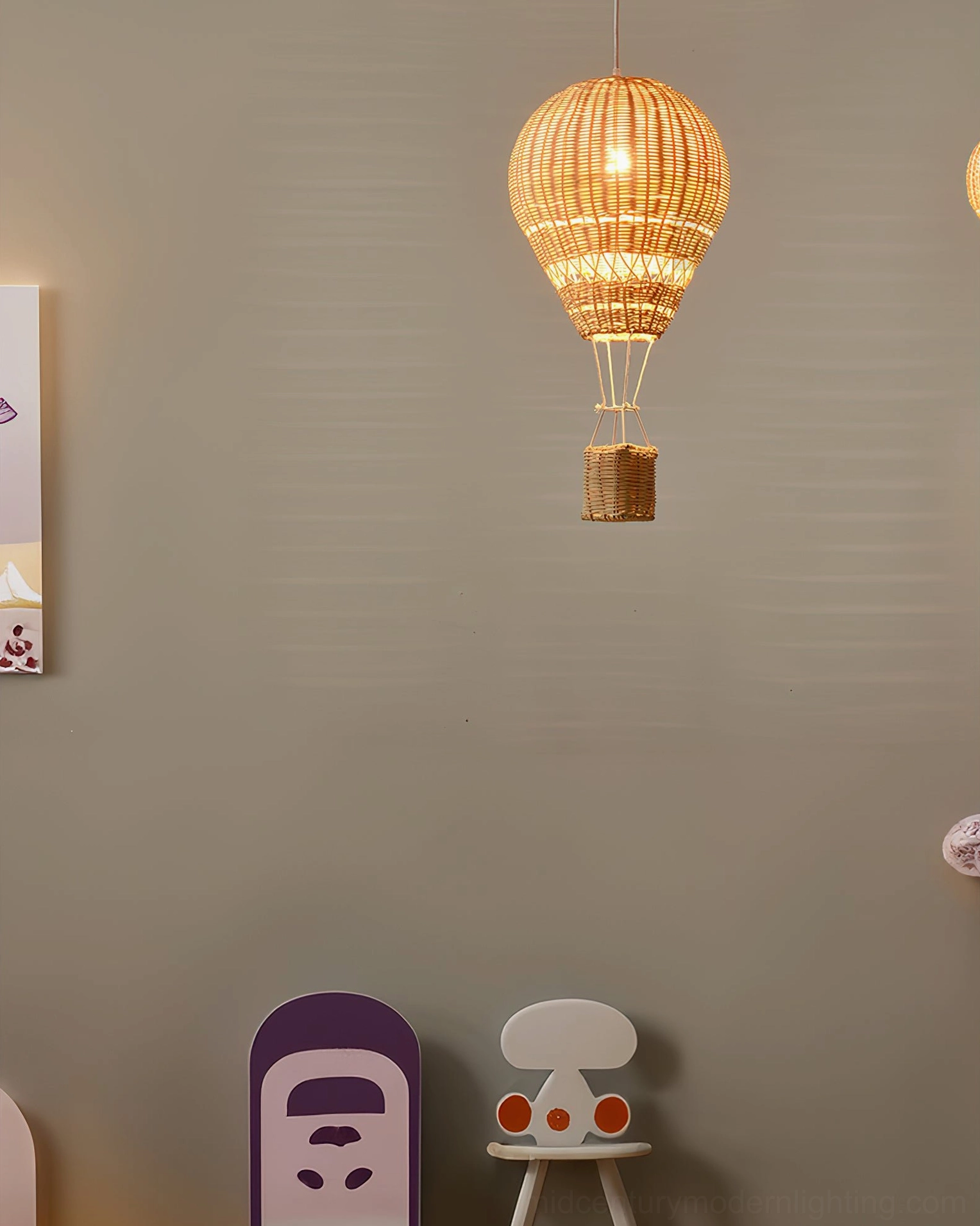 Rattan balloon pendant light suspended in cozy eclectic space with vintage furnishings