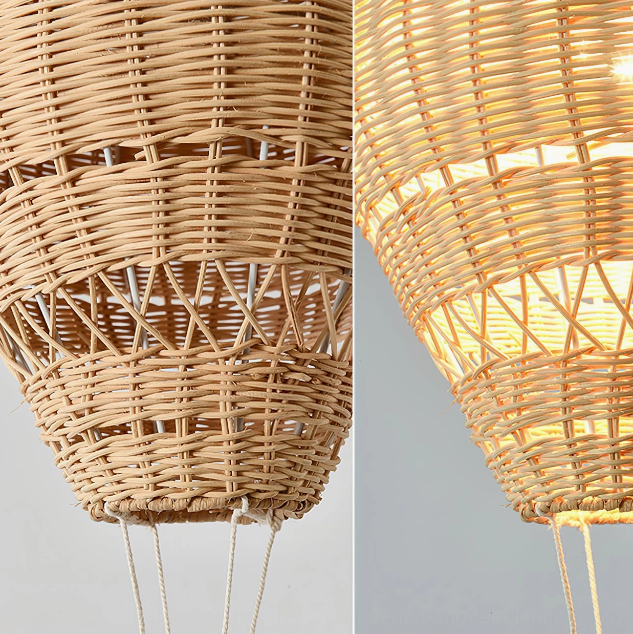 Handwoven rattan hot air balloon pendant as focal point in artfully styled interior space