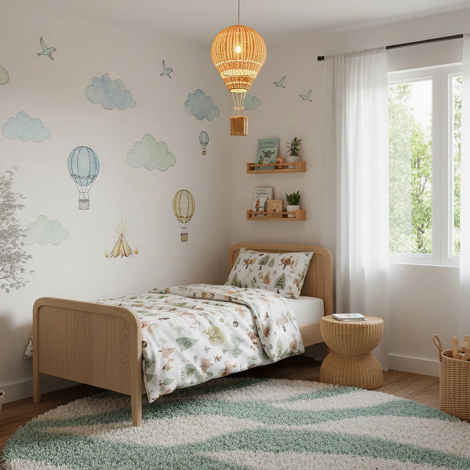 Natural rattan hot air balloon pendant light in playroom with play tent and wooden toys