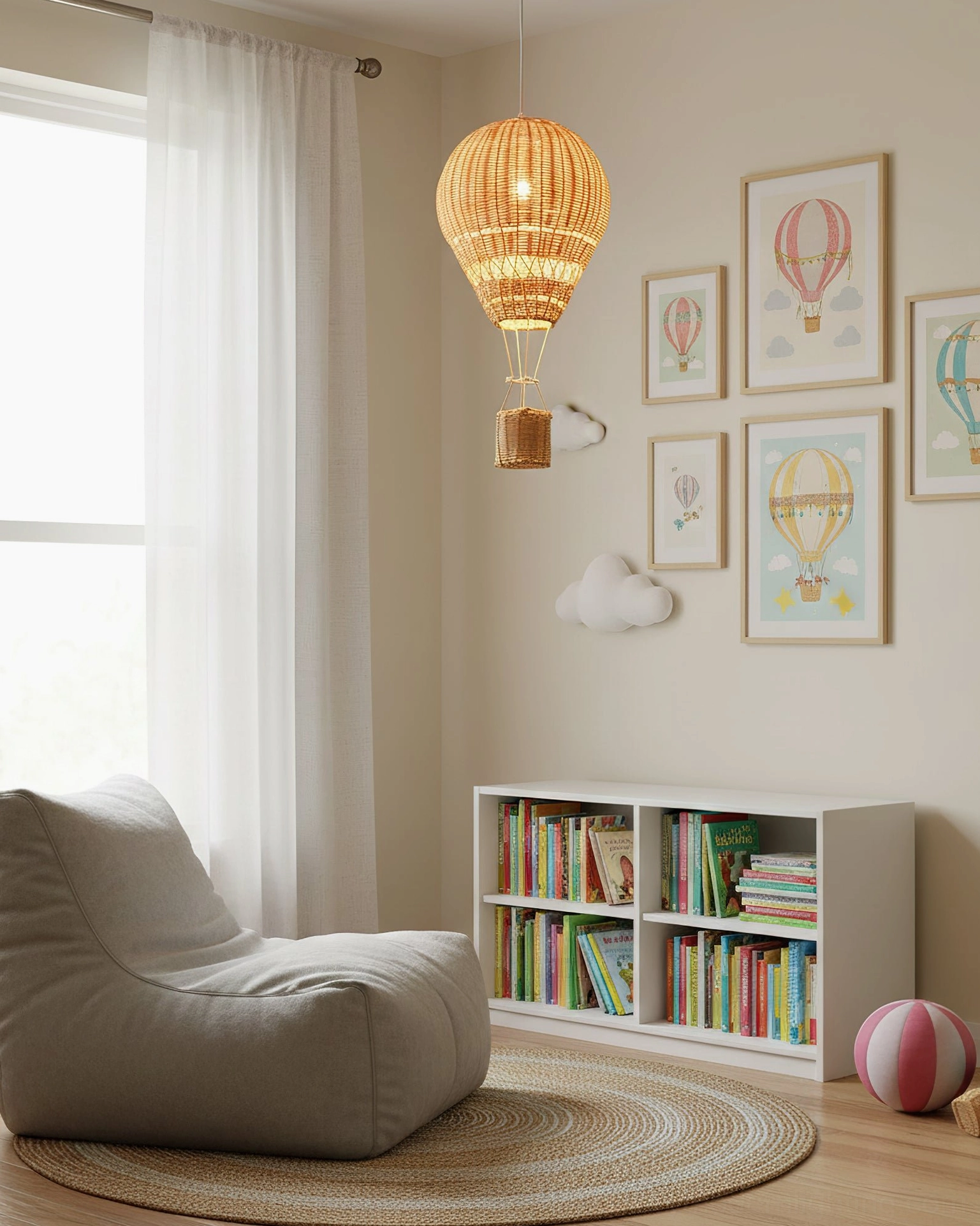 Hot air balloon rattan pendant in cozy reading corner with gallery wall and bean bag chair