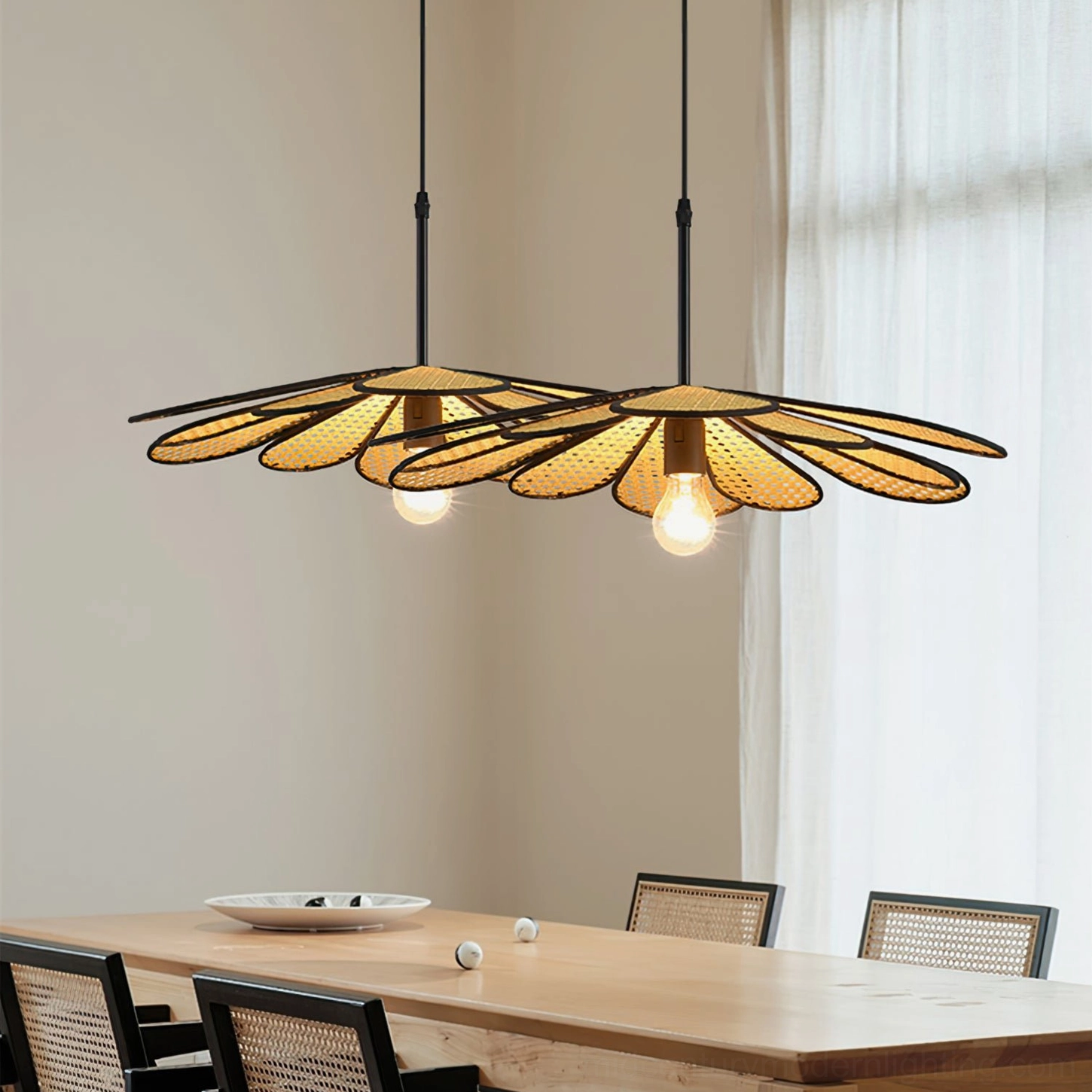 Botanical rattan pendant lamp installation showing proper ceiling mounting and adjustable wire positioning