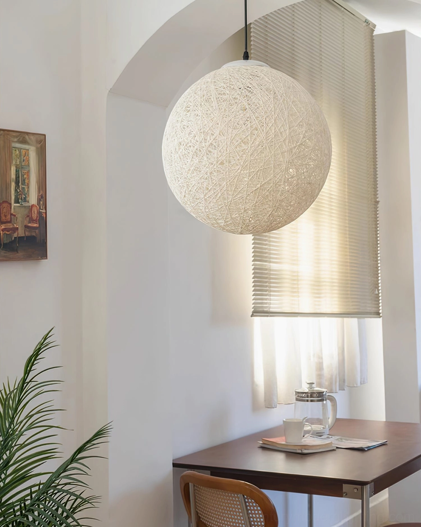 Rattan globe pendant lamp multi-angle view design details white background