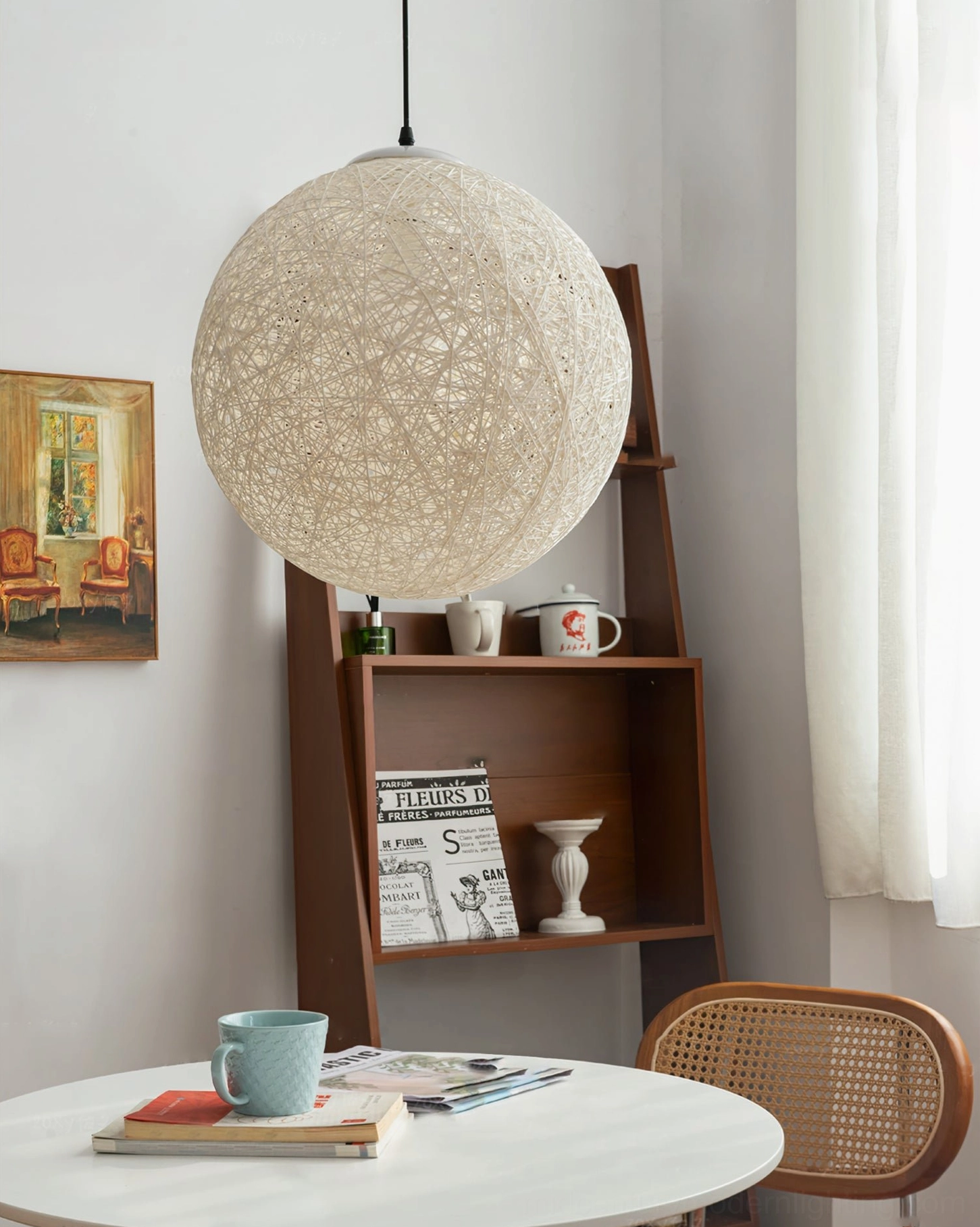 Handwoven rattan globe pendant lamp scale and proportion display