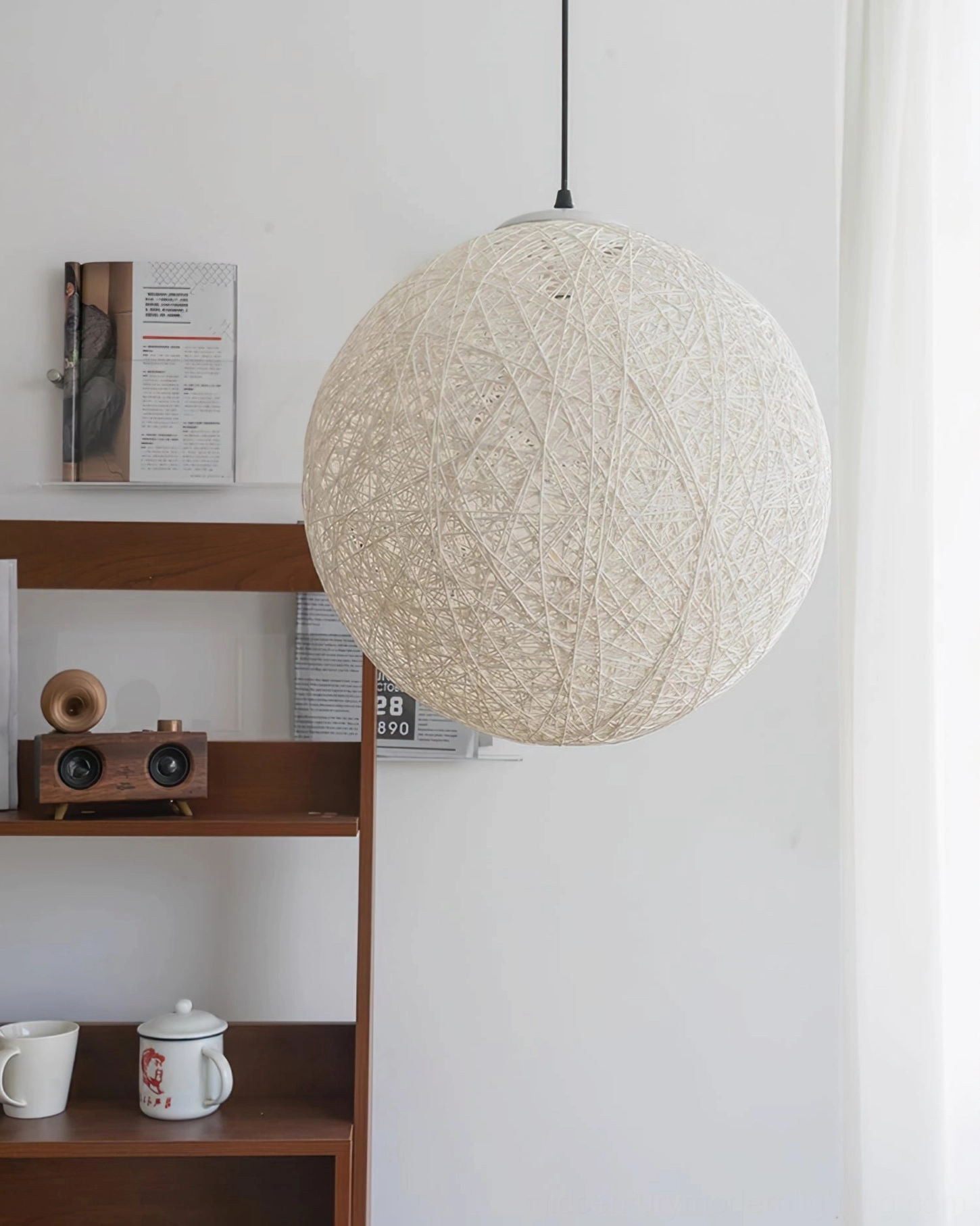Natural wicker globe pendant light fixture side profile minimalist design