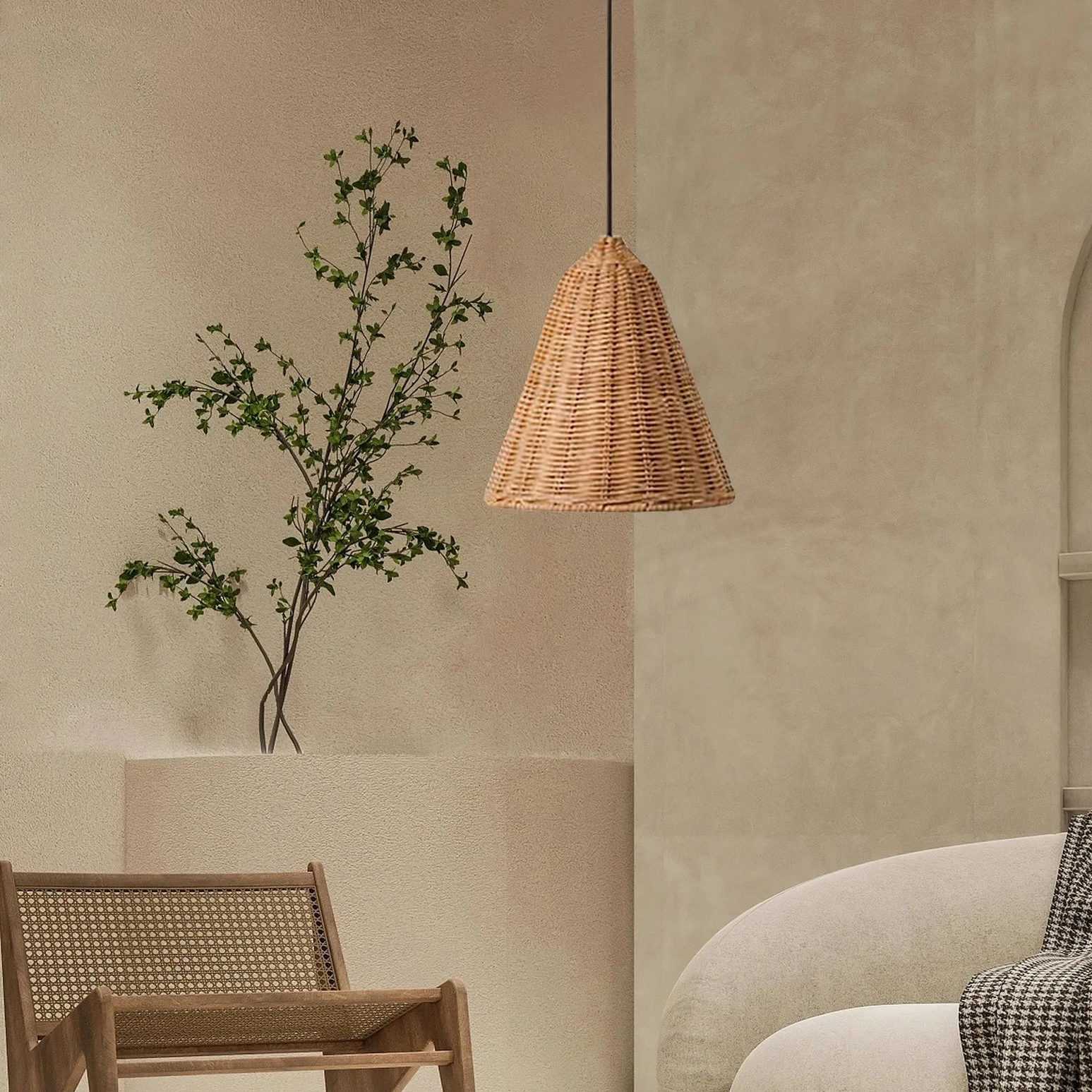 Natural rattan woven pendant light shades grouped together, highlighting artisan craftsmanship and organic texture variations