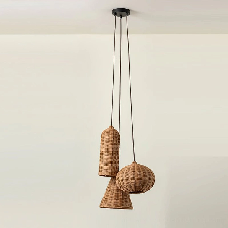 Compact hand-woven rattan pendant light shades in natural tan, frontal studio view showcasing woven texture detail