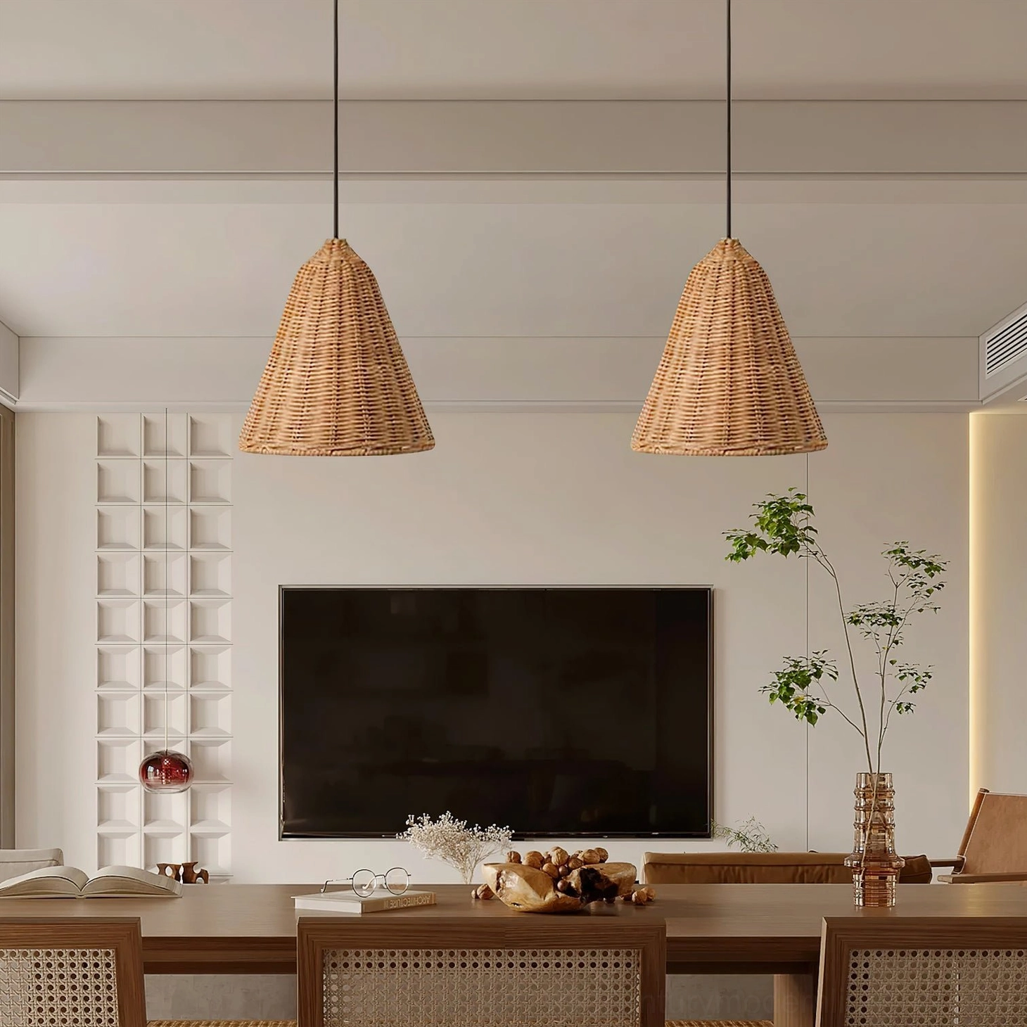 Three hand-woven rattan pendant lights styled in contemporary home environment, showing versatile design application