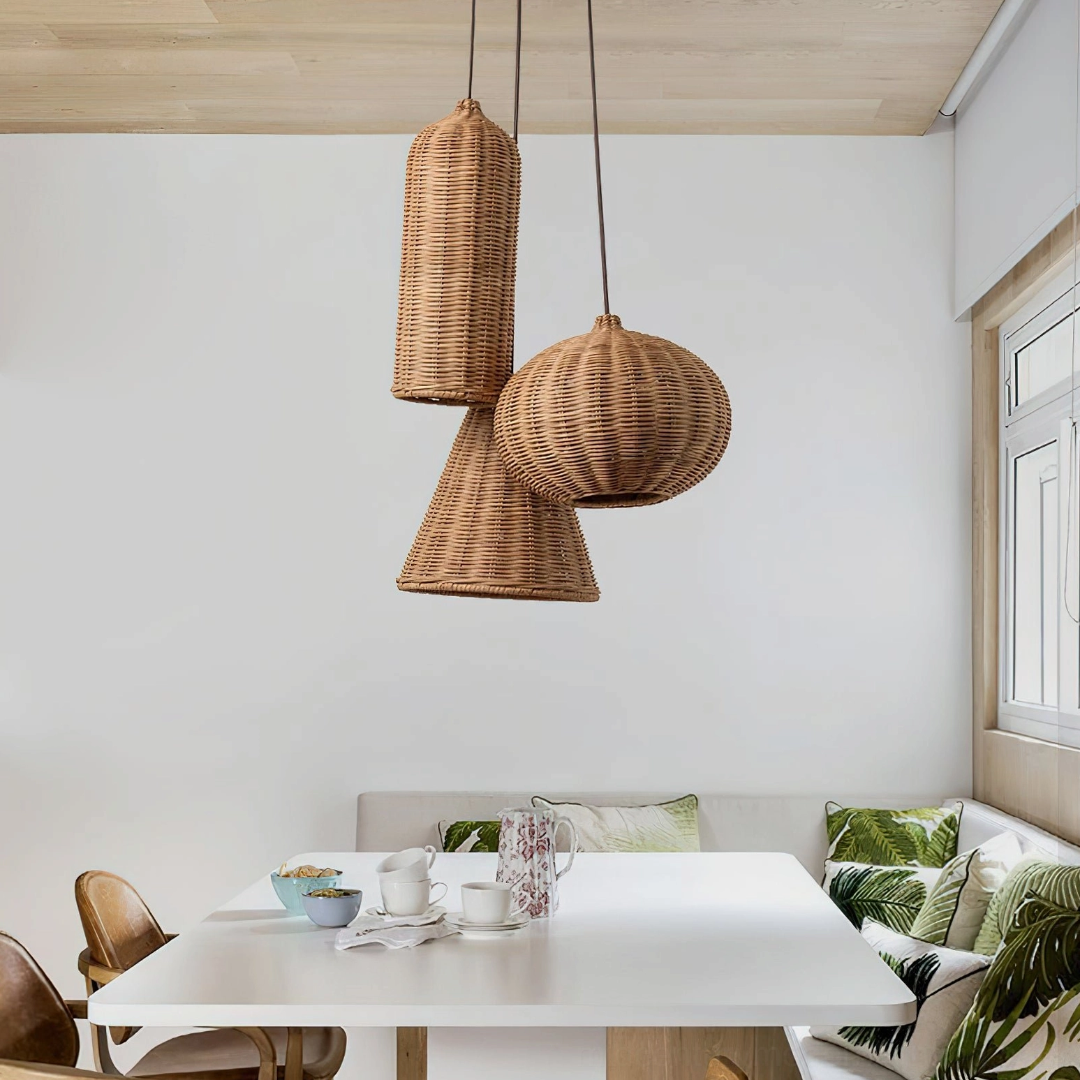 Three-piece hand-woven rattan pendant light set with natural brown shades and black hanging cords, side angle view in casual dining lounge
