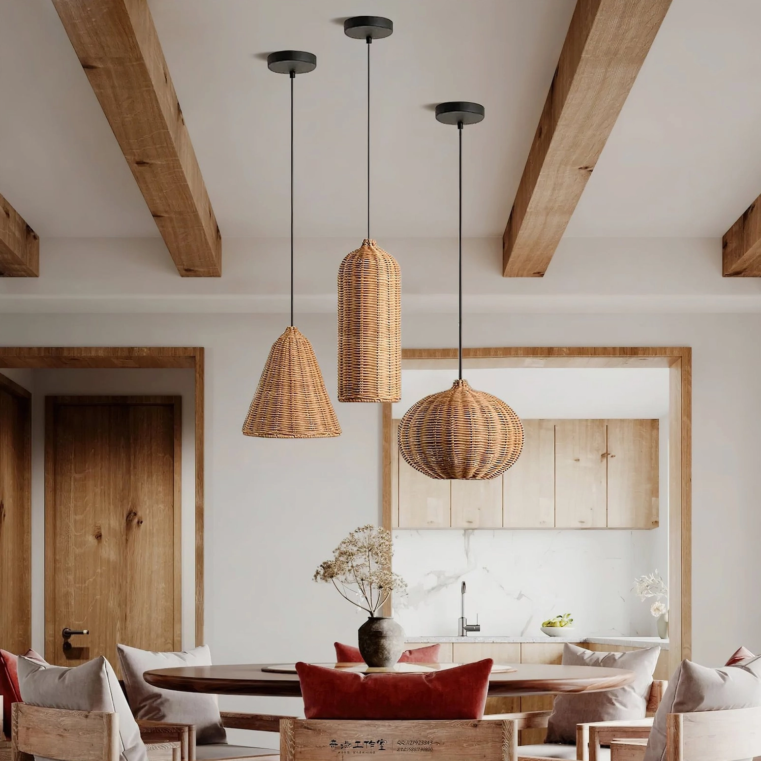 Multi-bulb woven rattan pendant light set installed above rustic dining room with wooden beams, bohemian home decor ambiance