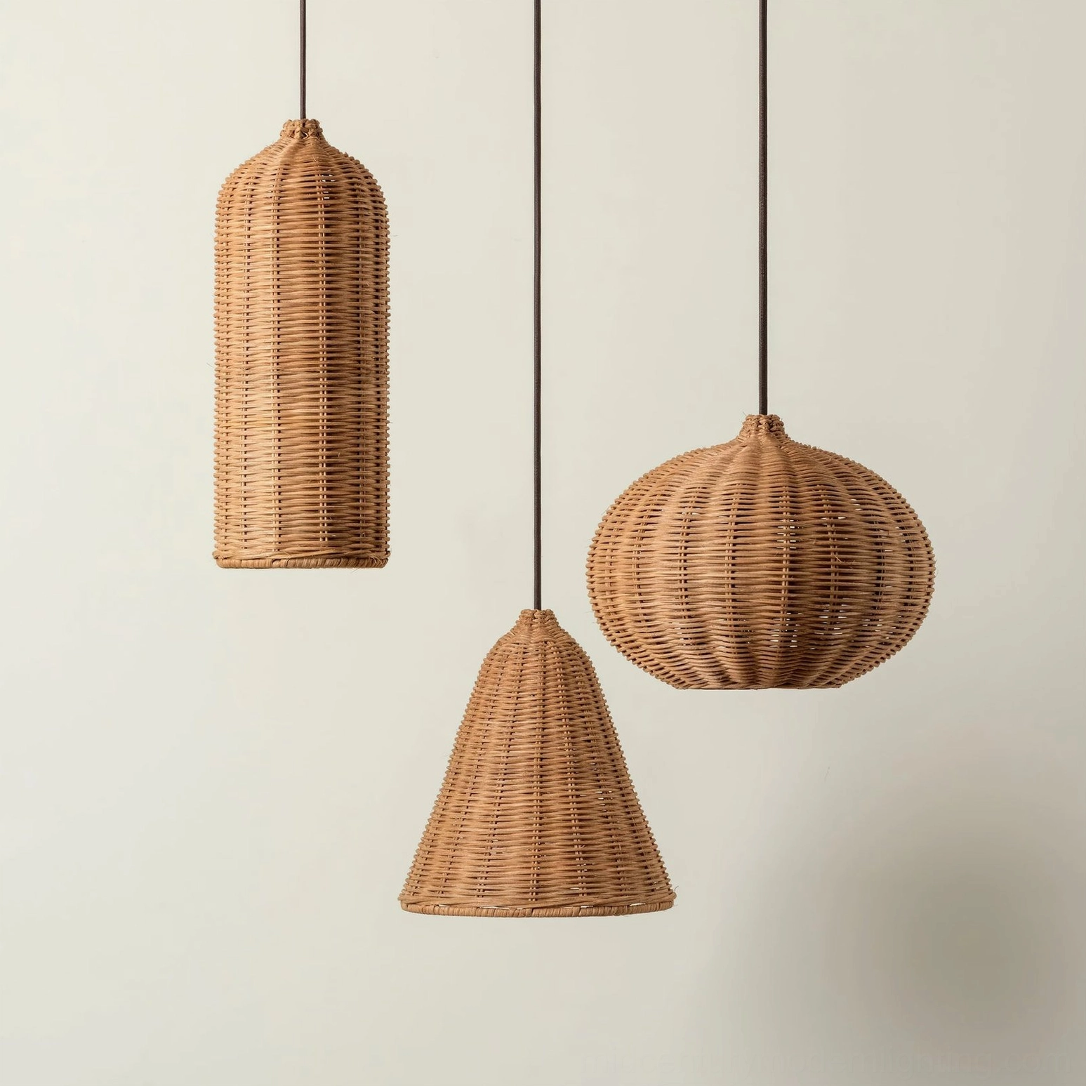 Close-up frontal view of three rattan pendant lamp shades with cylinder, cone, and spherical lantern designs on light background